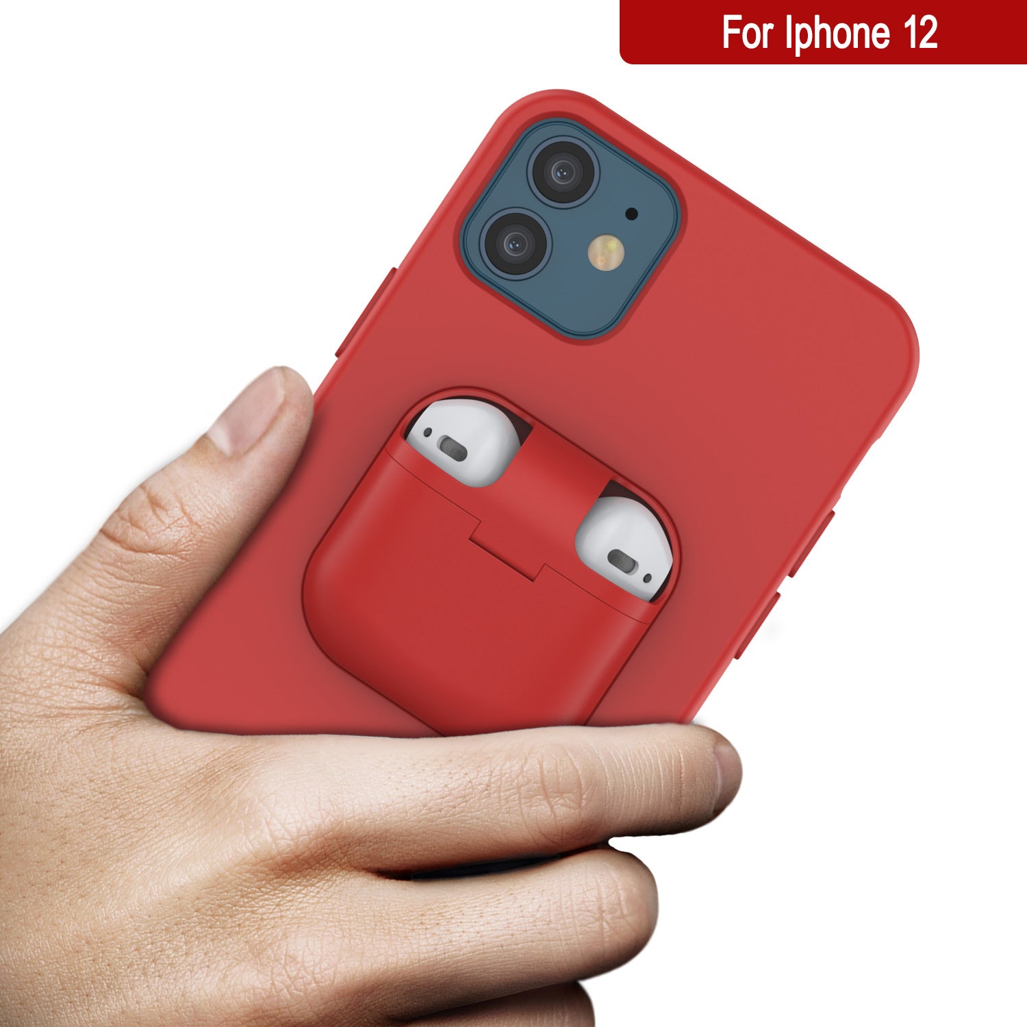 Punkcase iPhone 12 Airpods Case Holder (CenterPods Series) | Slim & Durable 2 in 1 Cover Designed for iPhone 12 (6.1") | Protects Your Phone & Stores Your AirPods Gen. 1 & 2 [Red]