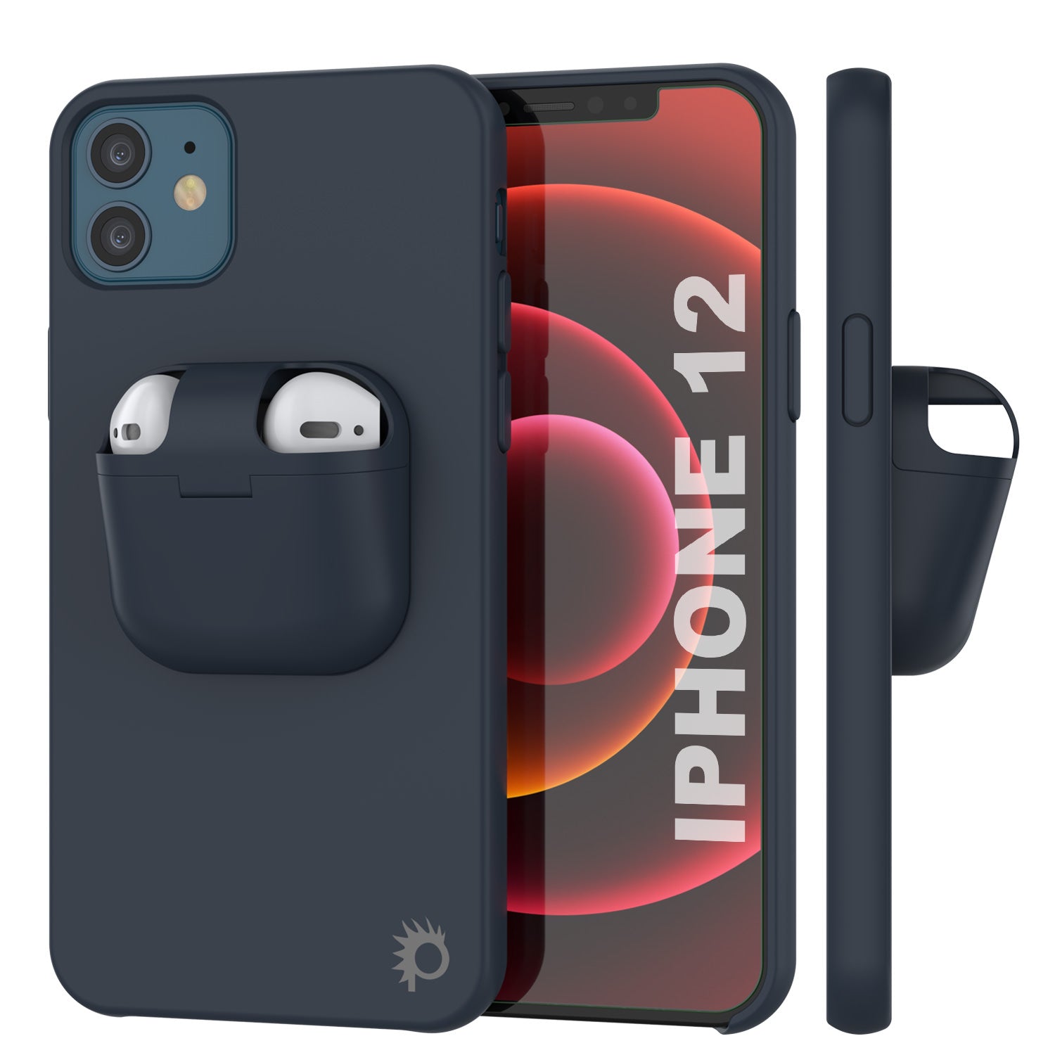 Punkcase iPhone 12 Airpods Case Holder (CenterPods Series) | Slim & Durable 2 in 1 Cover Designed for iPhone 12 (6.1") | Protects Your Phone & Stores Your AirPods Gen. 1 & 2 [Navy Blue]