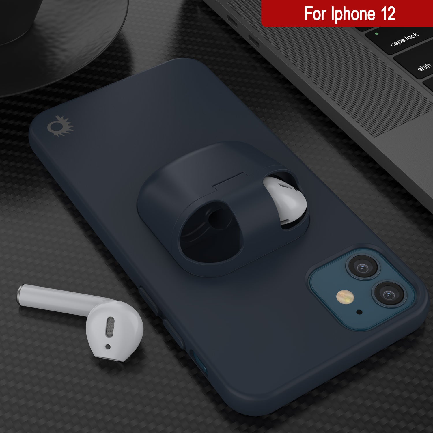 Punkcase iPhone 12 Airpods Case Holder (CenterPods Series) | Slim & Durable 2 in 1 Cover Designed for iPhone 12 (6.1") | Protects Your Phone & Stores Your AirPods Gen. 1 & 2 [Navy Blue]