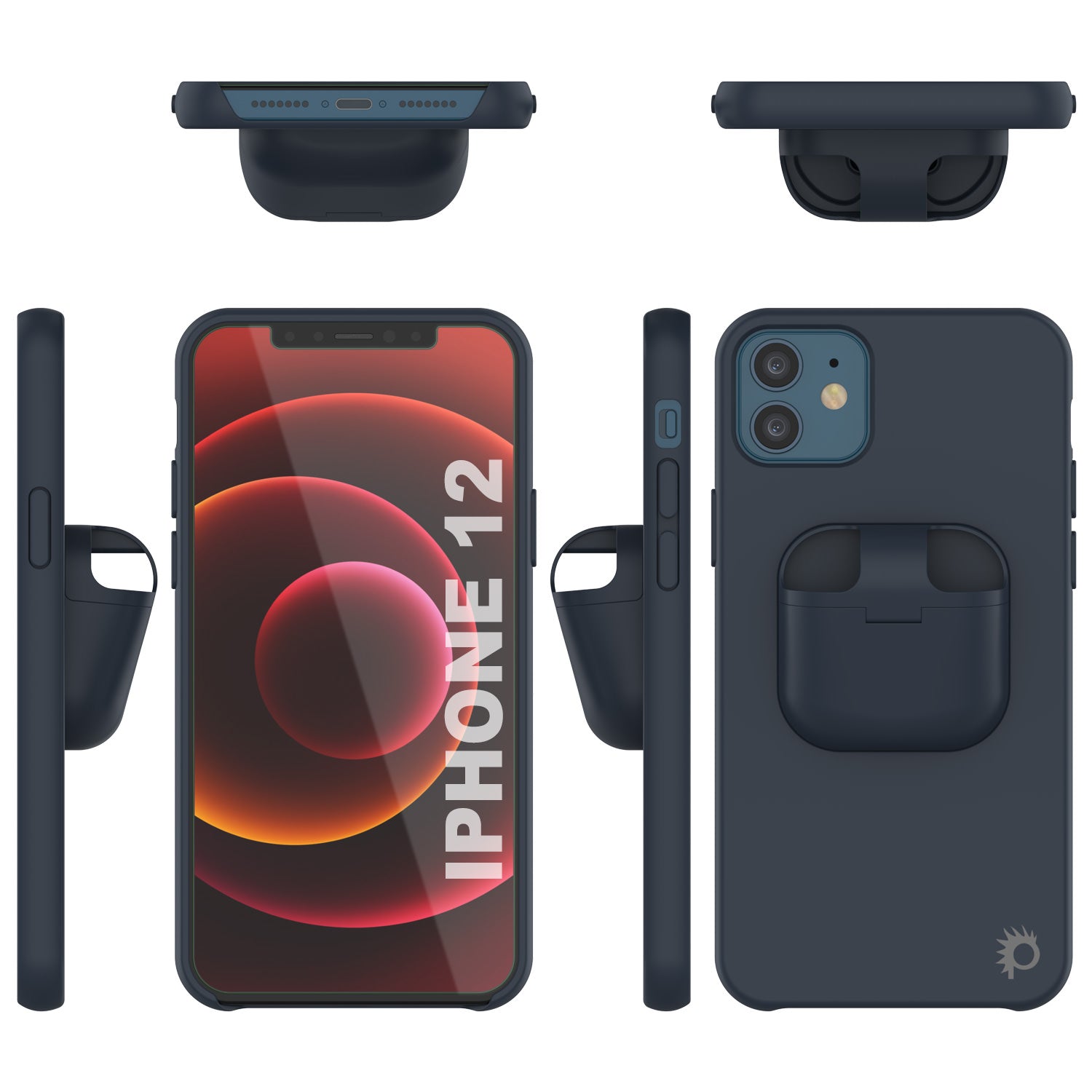 Punkcase iPhone 12 Airpods Case Holder (CenterPods Series) | Slim & Durable 2 in 1 Cover Designed for iPhone 12 (6.1") | Protects Your Phone & Stores Your AirPods Gen. 1 & 2 [Navy Blue]