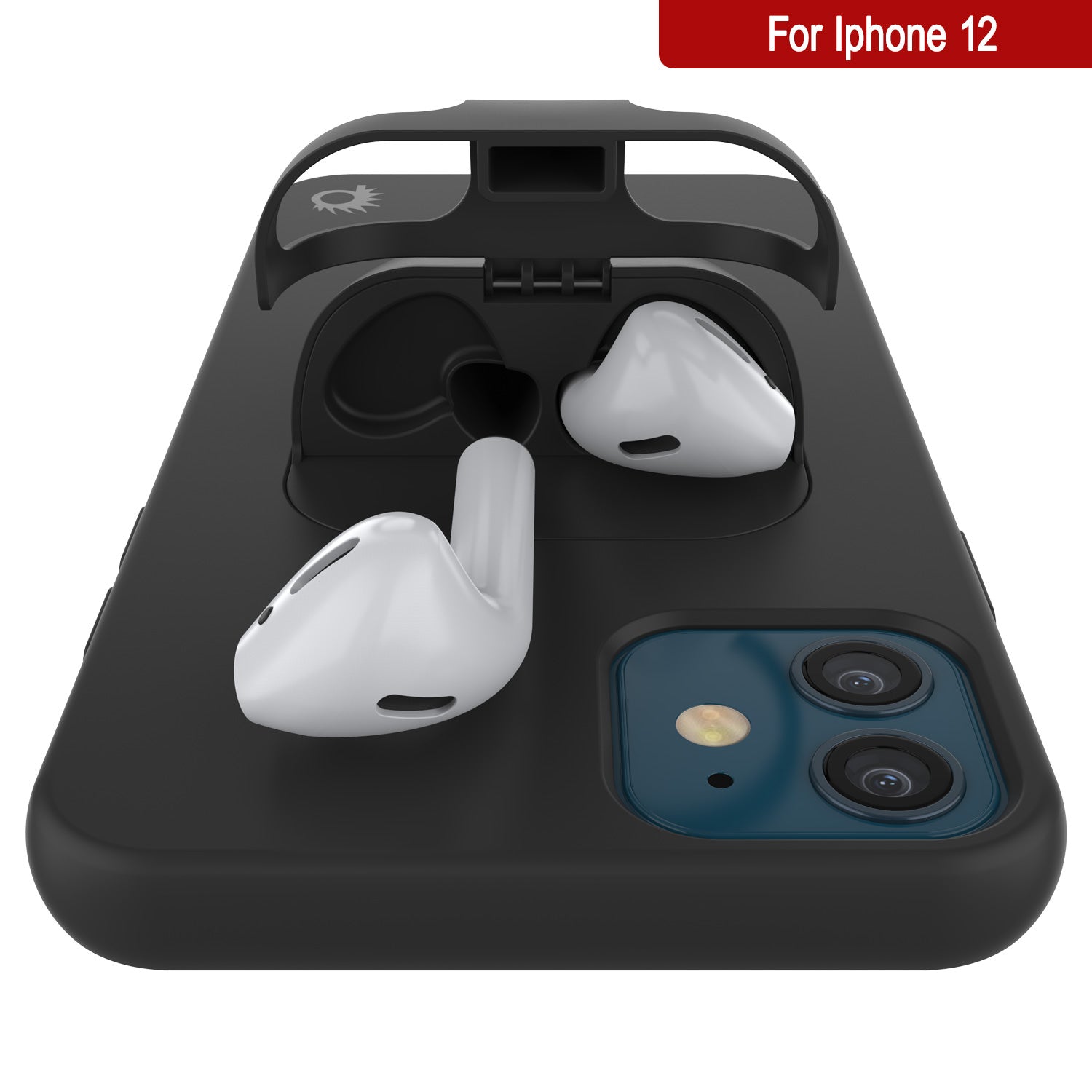 Punkcase iPhone 12 Airpods Case Holder (CenterPods Series) | Slim & Durable 2 in 1 Cover Designed for iPhone 12 (6.1") | Protects Your Phone & Stores Your AirPods Gen. 1 & 2 [Black]