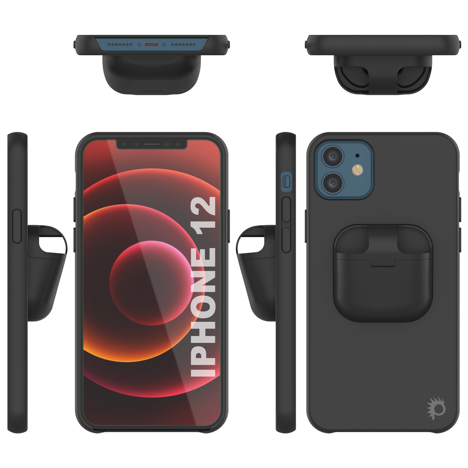 Punkcase iPhone 12 Airpods Case Holder (CenterPods Series) | Slim & Durable 2 in 1 Cover Designed for iPhone 12 (6.1") | Protects Your Phone & Stores Your AirPods Gen. 1 & 2 [Black]