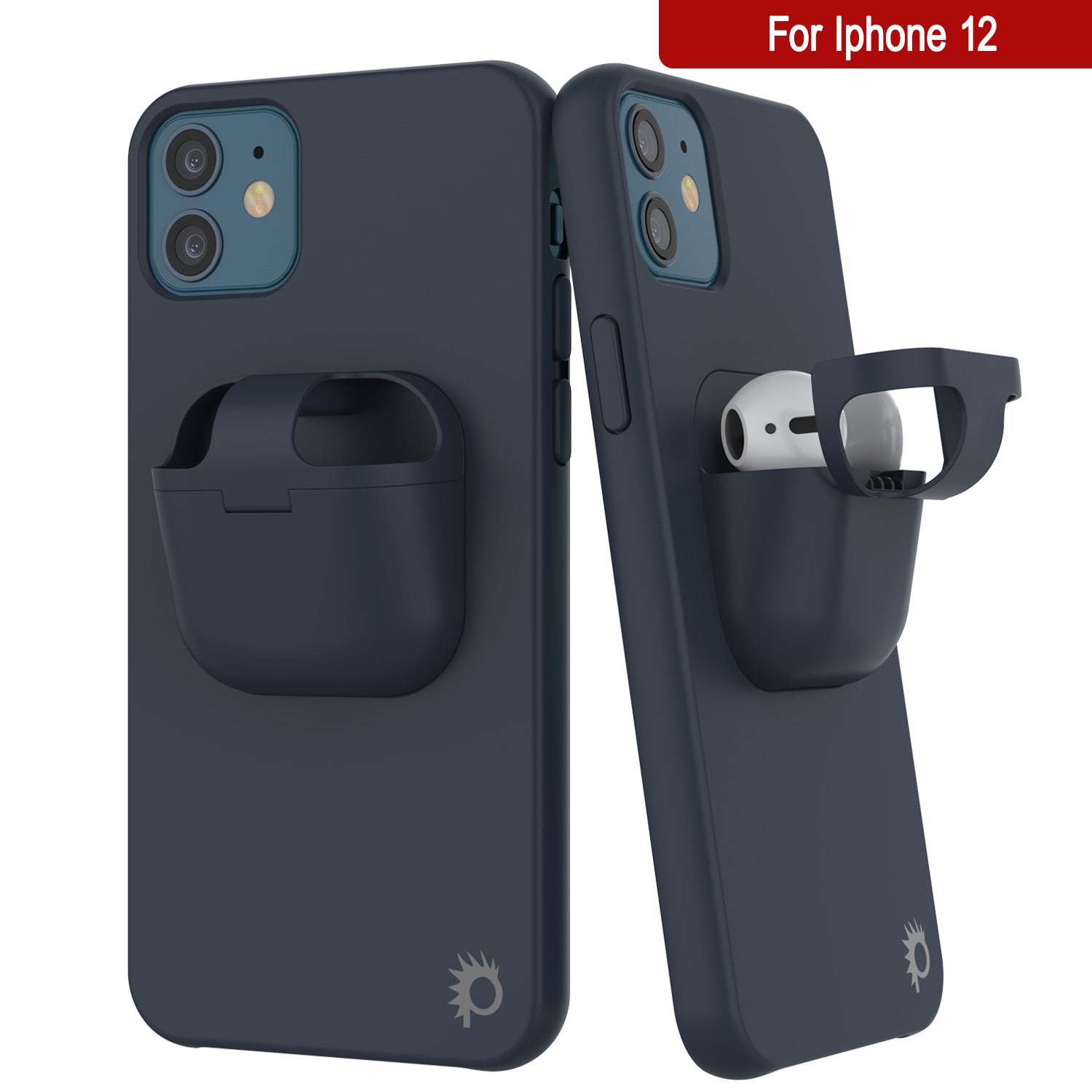Punkcase iPhone 12 Airpods Case Holder (CenterPods Series) | Slim & Durable 2 in 1 Cover Designed for iPhone 12 (6.1") | Protects Your Phone & Stores Your AirPods Gen. 1 & 2 [Navy Blue]