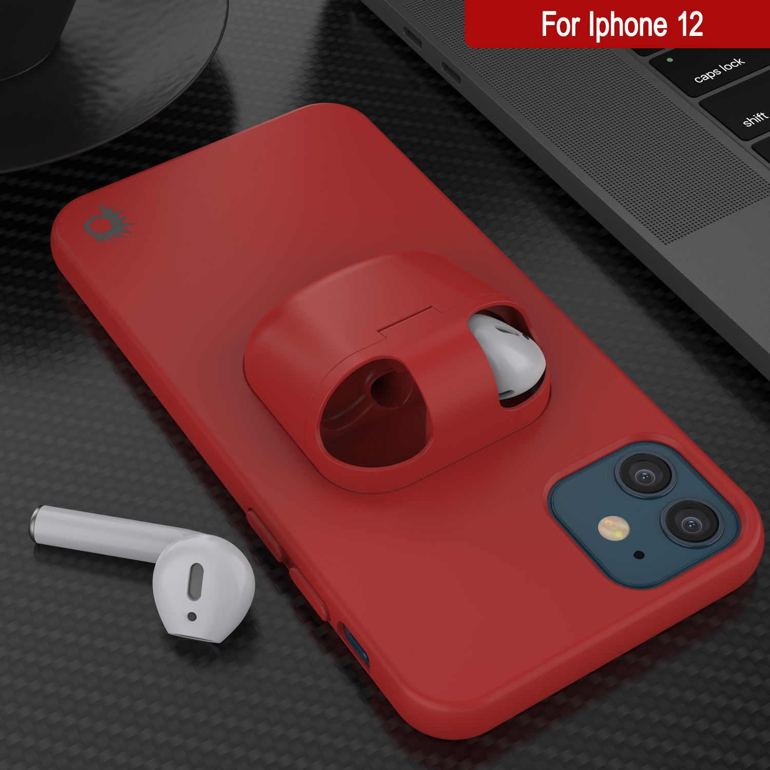 Punkcase iPhone 12 Airpods Case Holder (CenterPods Series) | Slim & Durable 2 in 1 Cover Designed for iPhone 12 (6.1") | Protects Your Phone & Stores Your AirPods Gen. 1 & 2 [Red]