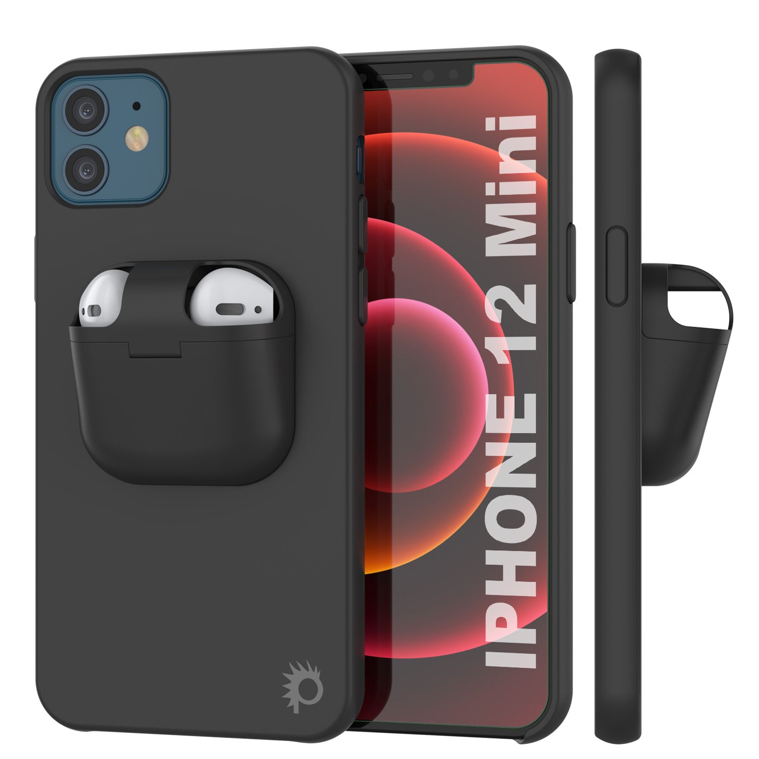 Punkcase iPhone 12 Mini Airpods Case Holder (CenterPods Series) | Slim & Durable 2 in 1 Cover Designed for iPhone 12 Mini (6.1") | Protects Your Phone & Stores Your AirPods Gen. 1 & 2 [Black]