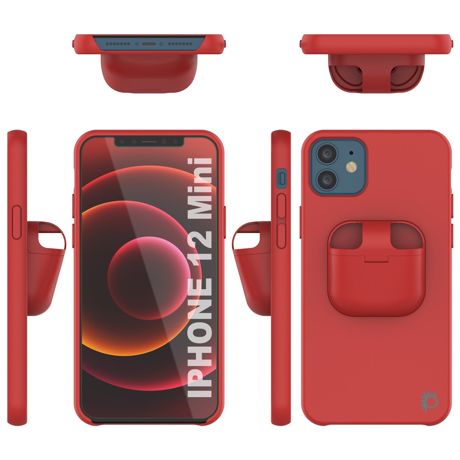 Punkcase iPhone 12 Mini Airpods Case Holder (CenterPods Series) | Slim & Durable 2 in 1 Cover Designed for iPhone 12 Mini (6.1") | Protects Your Phone & Stores Your AirPods Gen. 1 & 2 [Red]