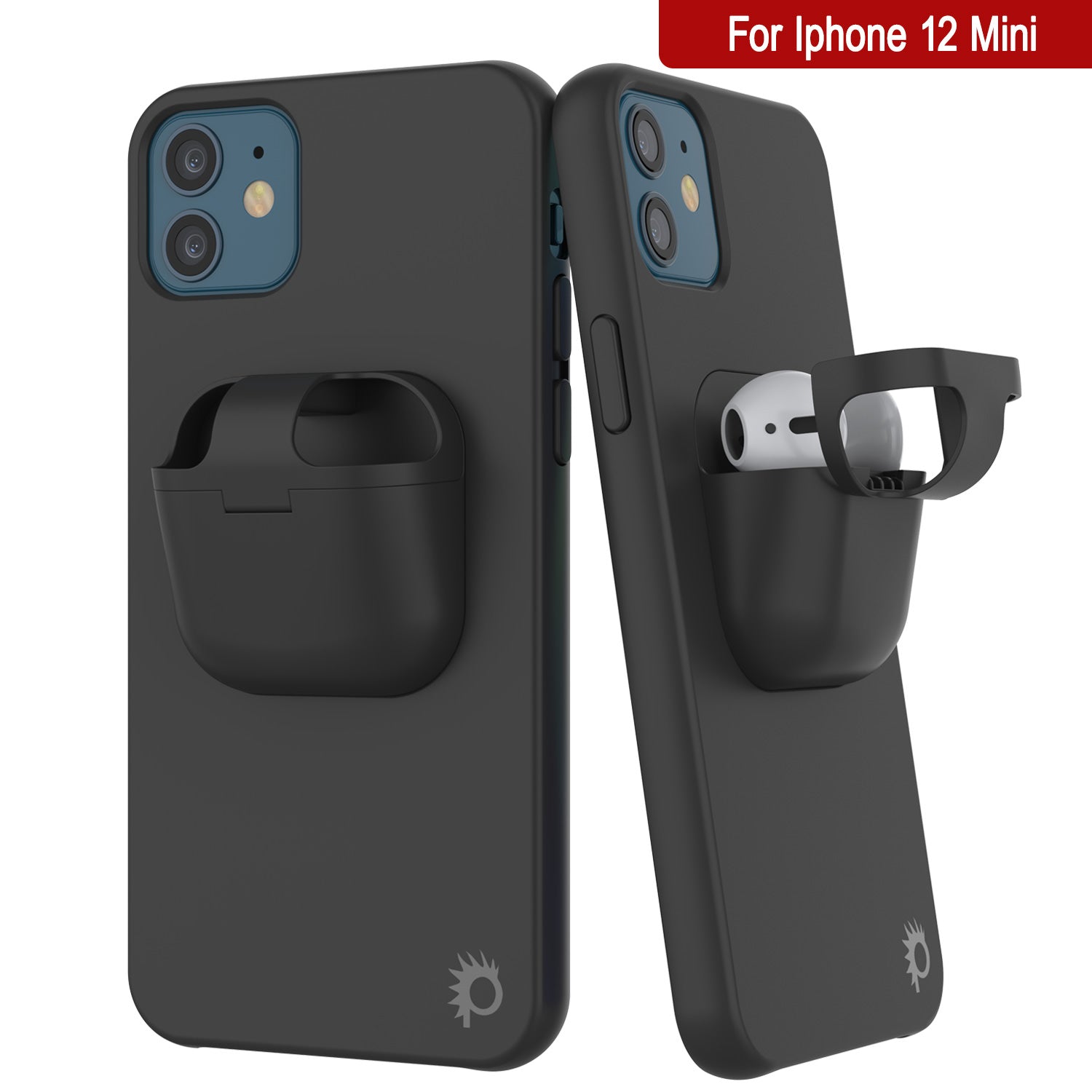 Punkcase iPhone 12 Mini Airpods Case Holder (CenterPods Series) | Slim & Durable 2 in 1 Cover Designed for iPhone 12 Mini (6.1") | Protects Your Phone & Stores Your AirPods Gen. 1 & 2 [Black]