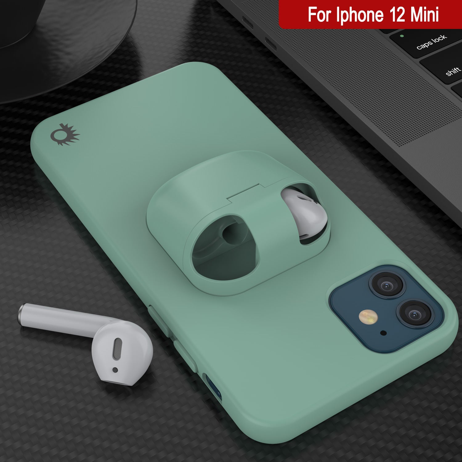Punkcase iPhone 12 Mini Airpods Case Holder (CenterPods Series) | Slim & Durable 2 in 1 Cover Designed for iPhone 12 Mini (6.1") | Protects Your Phone & Stores Your AirPods Gen. 1 & 2 [Teal]