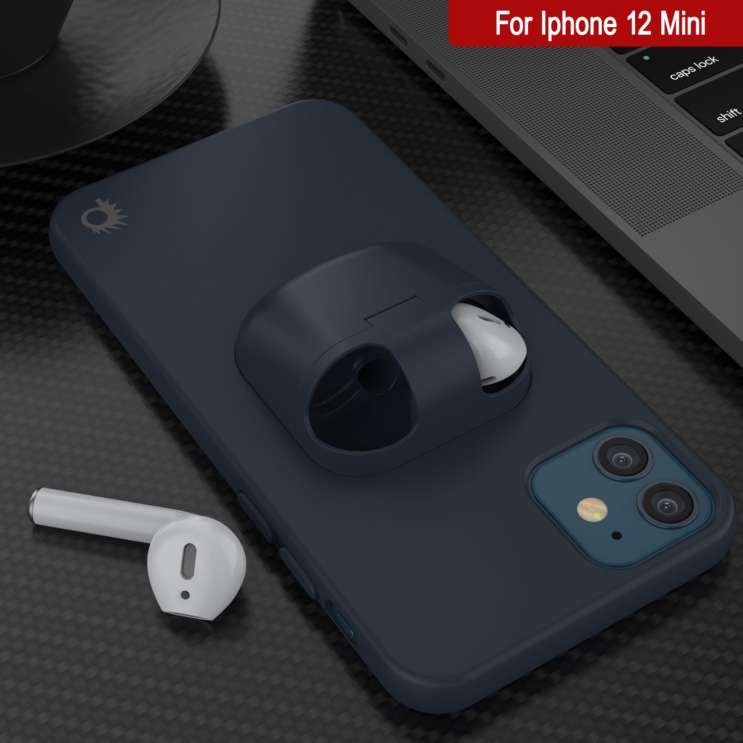 Punkcase iPhone 12 Mini Airpods Case Holder (CenterPods Series) | Slim & Durable 2 in 1 Cover Designed for iPhone 12 Mini (6.1") | Protects Your Phone & Stores Your AirPods Gen. 1 & 2 [Navy Blue]