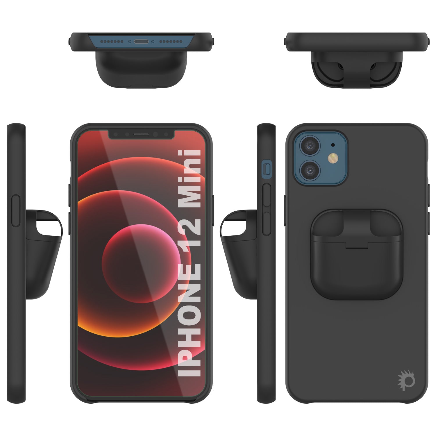 Punkcase iPhone 12 Mini Airpods Case Holder (CenterPods Series) | Slim & Durable 2 in 1 Cover Designed for iPhone 12 Mini (6.1") | Protects Your Phone & Stores Your AirPods Gen. 1 & 2 [Black]