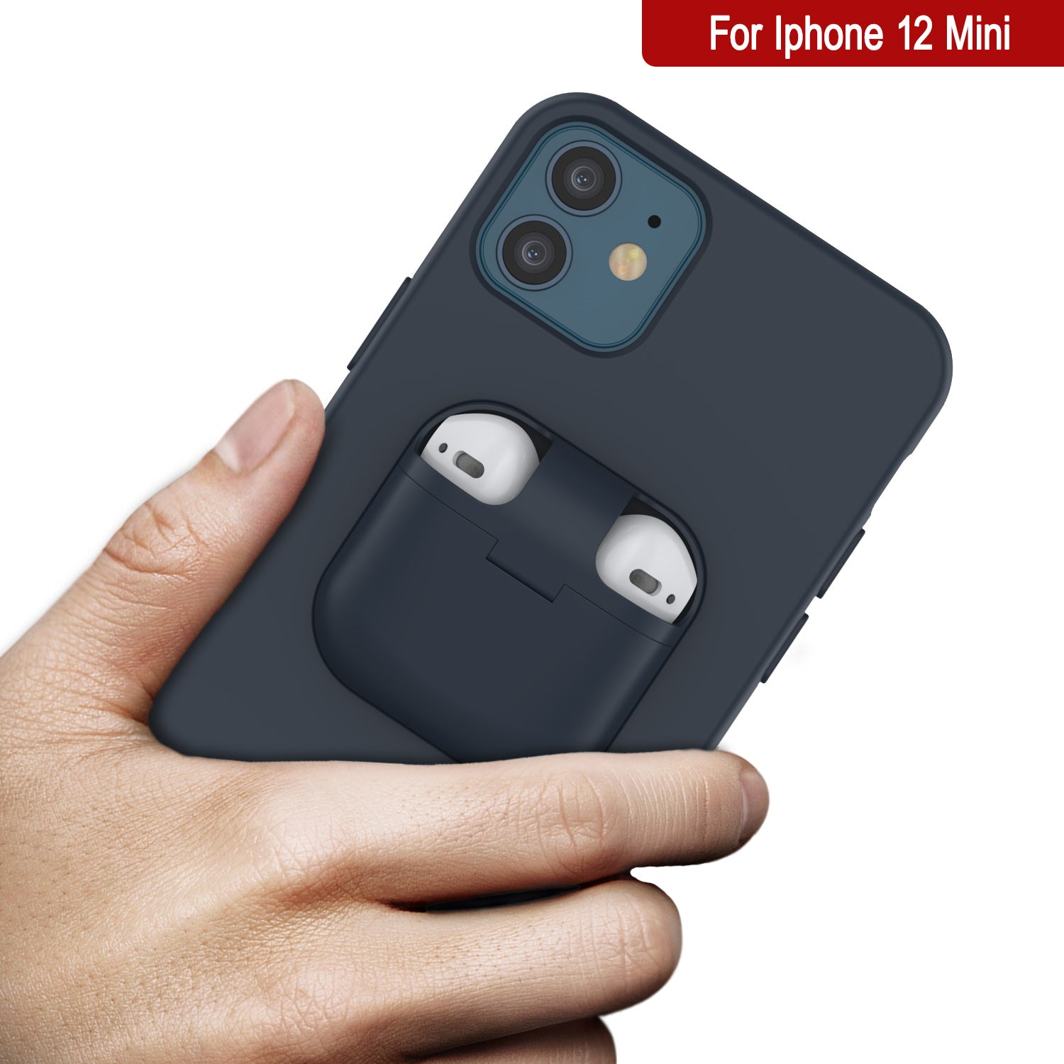 Punkcase iPhone 12 Mini Airpods Case Holder (CenterPods Series) | Slim & Durable 2 in 1 Cover Designed for iPhone 12 Mini (6.1") | Protects Your Phone & Stores Your AirPods Gen. 1 & 2 [Navy Blue]