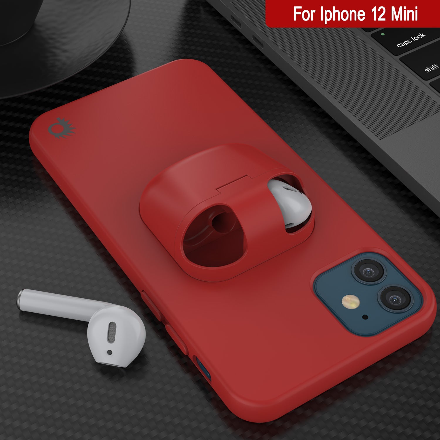 Punkcase iPhone 12 Mini Airpods Case Holder (CenterPods Series) | Slim & Durable 2 in 1 Cover Designed for iPhone 12 Mini (6.1") | Protects Your Phone & Stores Your AirPods Gen. 1 & 2 [Red]