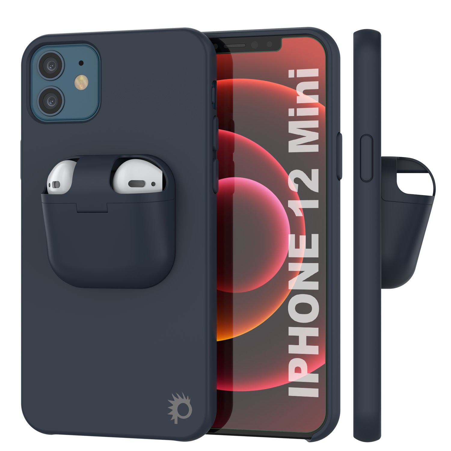 Punkcase iPhone 12 Mini Airpods Case Holder (CenterPods Series) | Slim & Durable 2 in 1 Cover Designed for iPhone 12 Mini (6.1") | Protects Your Phone & Stores Your AirPods Gen. 1 & 2 [Navy Blue]