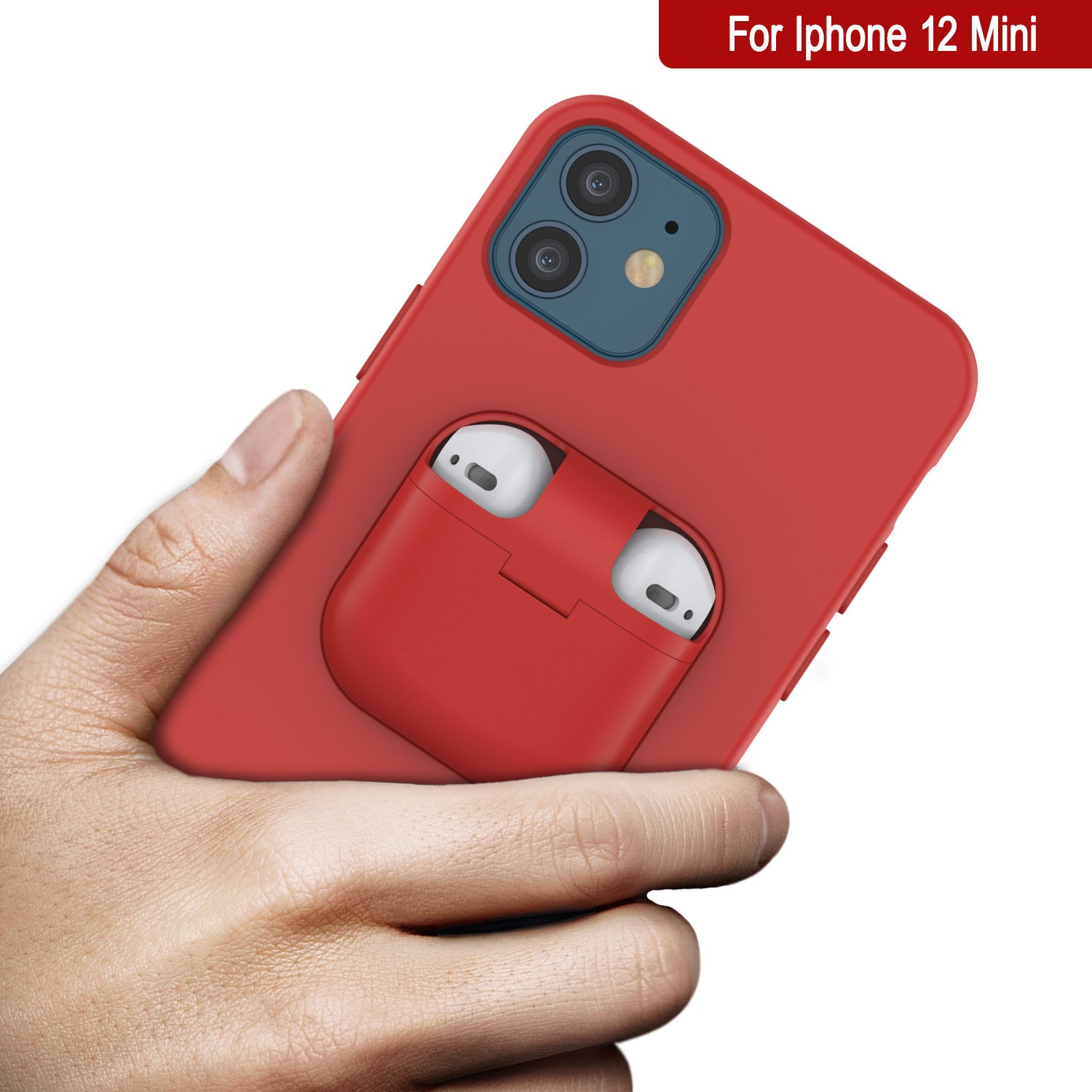 Punkcase iPhone 12 Mini Airpods Case Holder (CenterPods Series) | Slim & Durable 2 in 1 Cover Designed for iPhone 12 Mini (6.1") | Protects Your Phone & Stores Your AirPods Gen. 1 & 2 [Red]