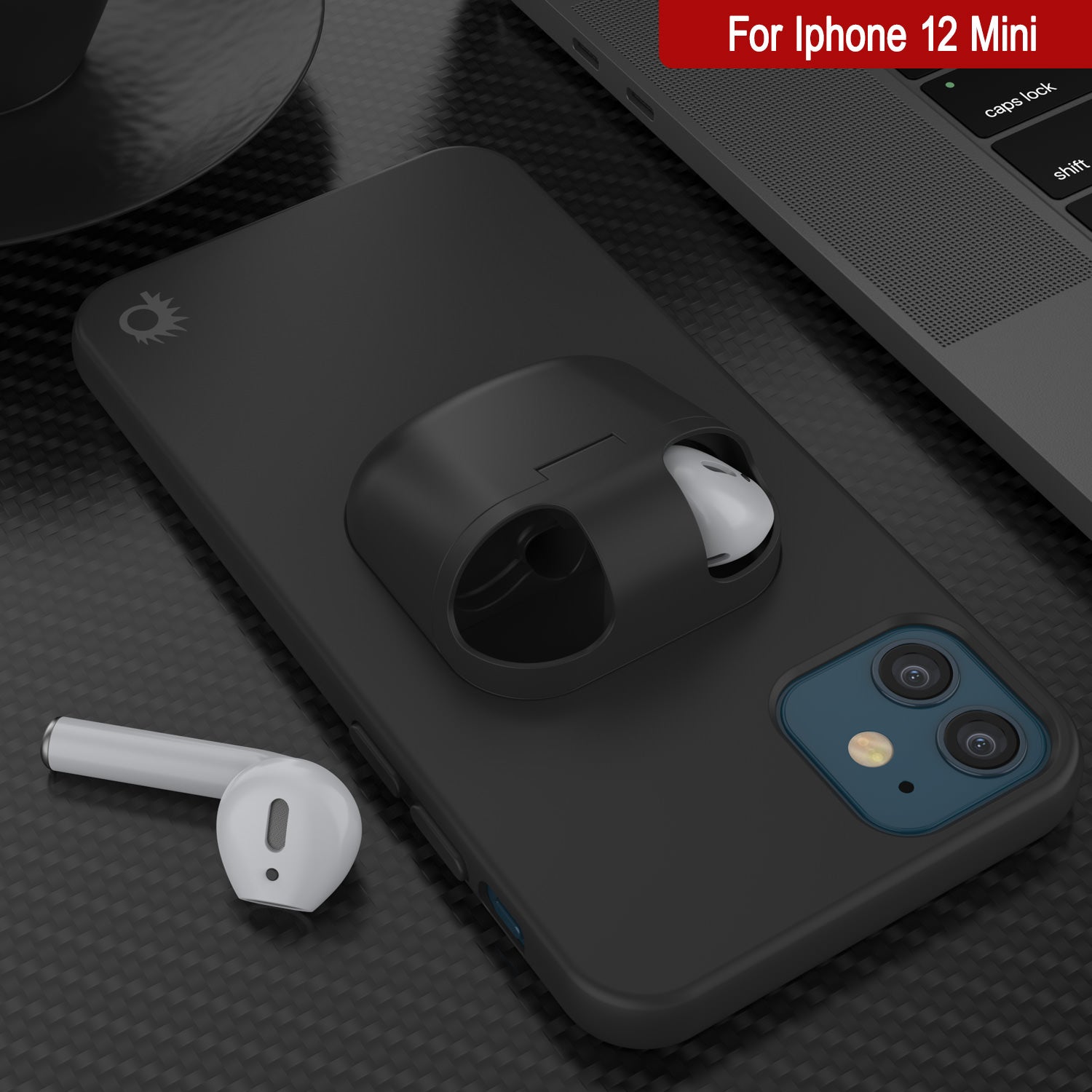 Punkcase iPhone 12 Mini Airpods Case Holder (CenterPods Series) | Slim & Durable 2 in 1 Cover Designed for iPhone 12 Mini (6.1") | Protects Your Phone & Stores Your AirPods Gen. 1 & 2 [Black]