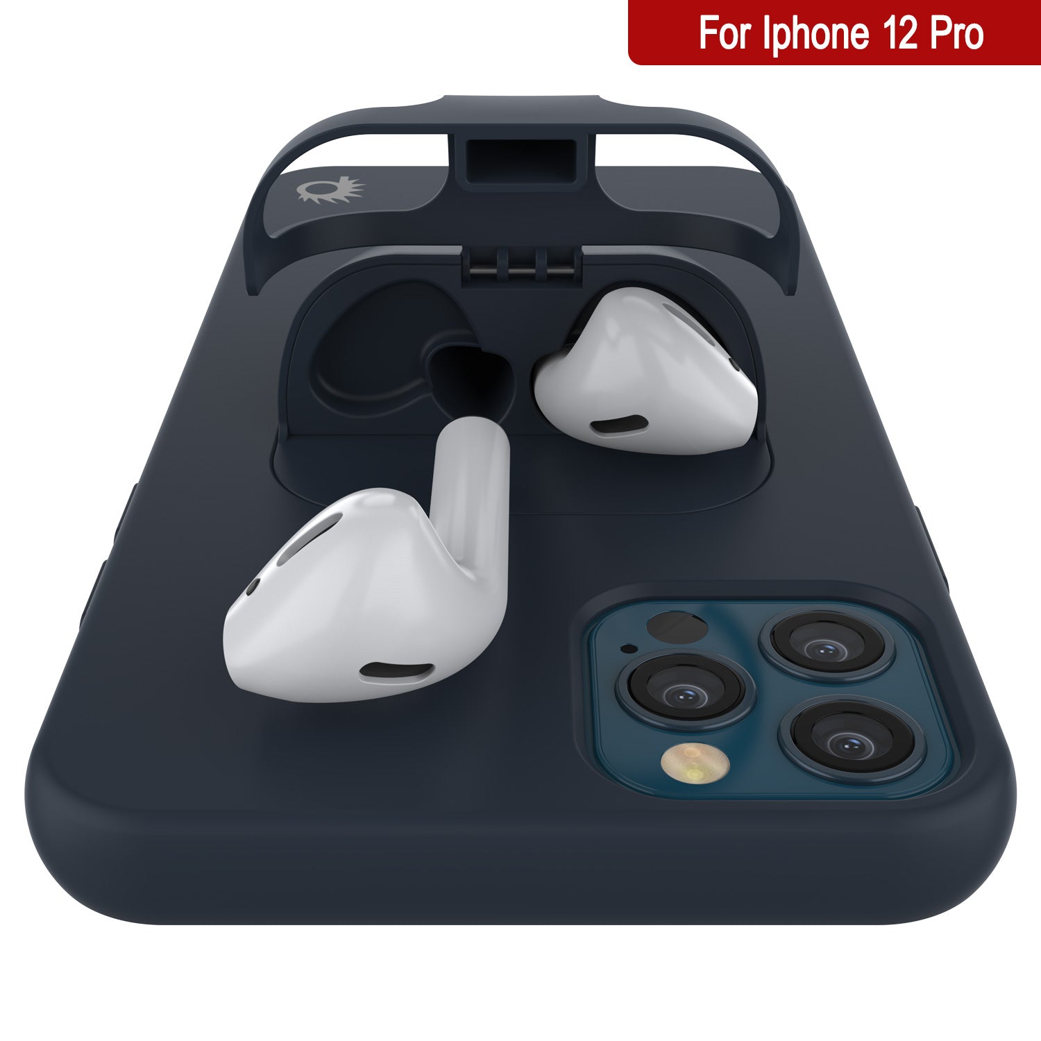 Punkcase iPhone 12 Pro Airpods Case Holder (CenterPods Series) | Slim & Durable 2 in 1 Cover Designed for iPhone 12 Pro (6.1") | Protects Your Phone & Stores Your AirPods Gen. 1 & 2 [Navy Blue]