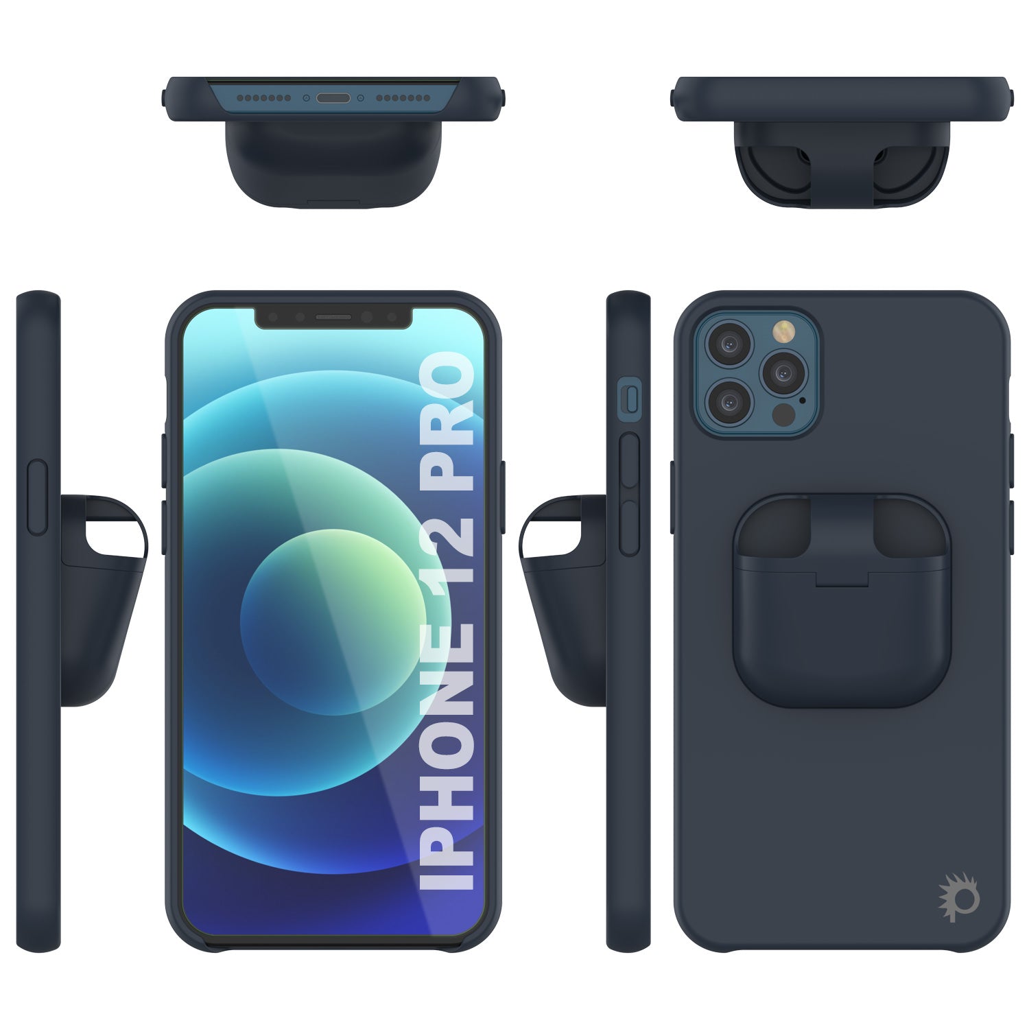 Punkcase iPhone 12 Pro Airpods Case Holder (CenterPods Series) | Slim & Durable 2 in 1 Cover Designed for iPhone 12 Pro (6.1") | Protects Your Phone & Stores Your AirPods Gen. 1 & 2 [Navy Blue]