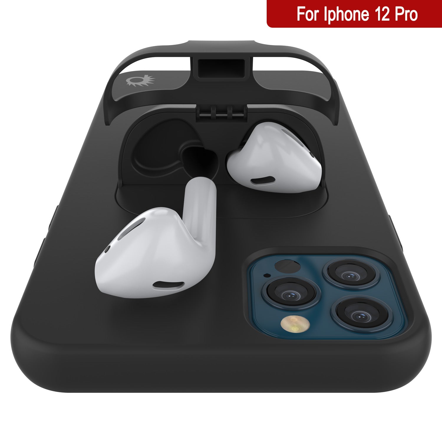 Punkcase iPhone 12 Pro Airpods Case Holder (CenterPods Series) | Slim & Durable 2 in 1 Cover Designed for iPhone 12 Pro (6.1") | Protects Your Phone & Stores Your AirPods Gen. 1 & 2 [Black]