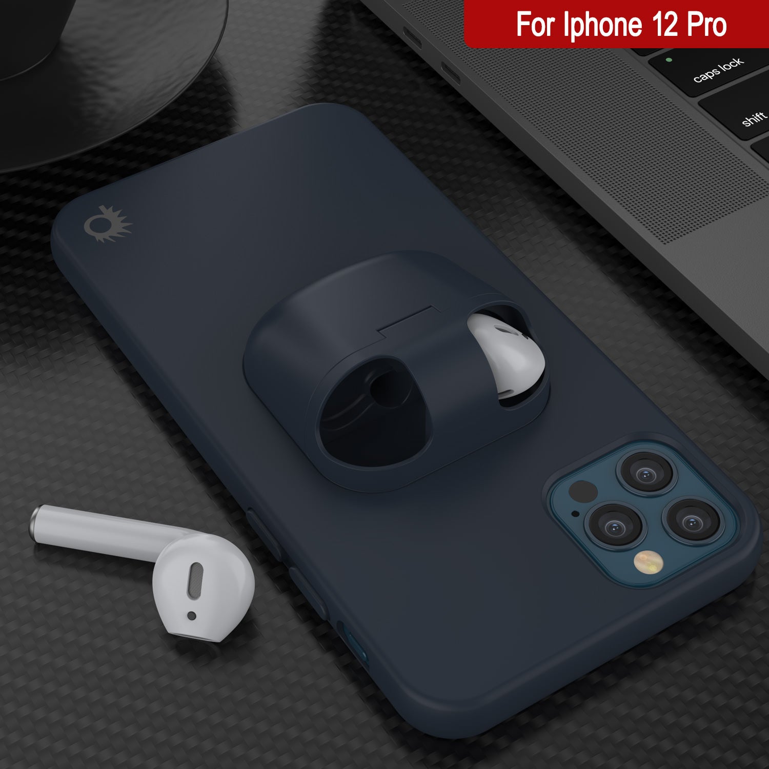 Punkcase iPhone 12 Pro Airpods Case Holder (CenterPods Series) | Slim & Durable 2 in 1 Cover Designed for iPhone 12 Pro (6.1") | Protects Your Phone & Stores Your AirPods Gen. 1 & 2 [Navy Blue]