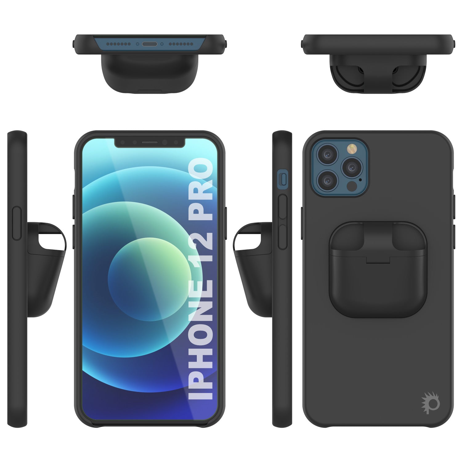 Punkcase iPhone 12 Pro Airpods Case Holder (CenterPods Series) | Slim & Durable 2 in 1 Cover Designed for iPhone 12 Pro (6.1") | Protects Your Phone & Stores Your AirPods Gen. 1 & 2 [Black]