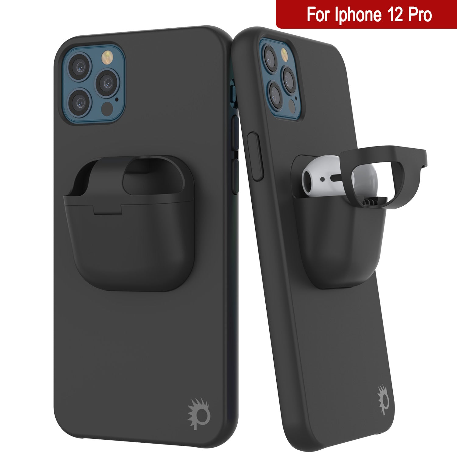 Punkcase iPhone 12 Pro Airpods Case Holder (CenterPods Series) | Slim & Durable 2 in 1 Cover Designed for iPhone 12 Pro (6.1") | Protects Your Phone & Stores Your AirPods Gen. 1 & 2 [Black]