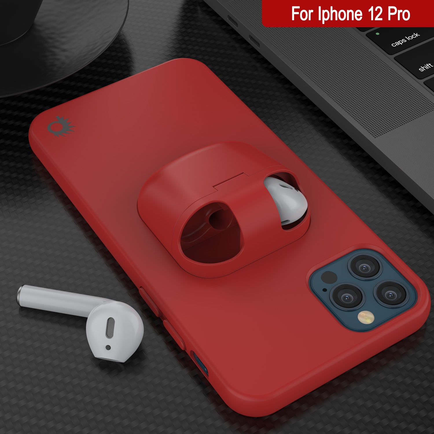 Punkcase iPhone 12 Pro Airpods Case Holder (CenterPods Series) | Slim & Durable 2 in 1 Cover Designed for iPhone 12 Pro (6.1") | Protects Your Phone & Stores Your AirPods Gen. 1 & 2 [Red]