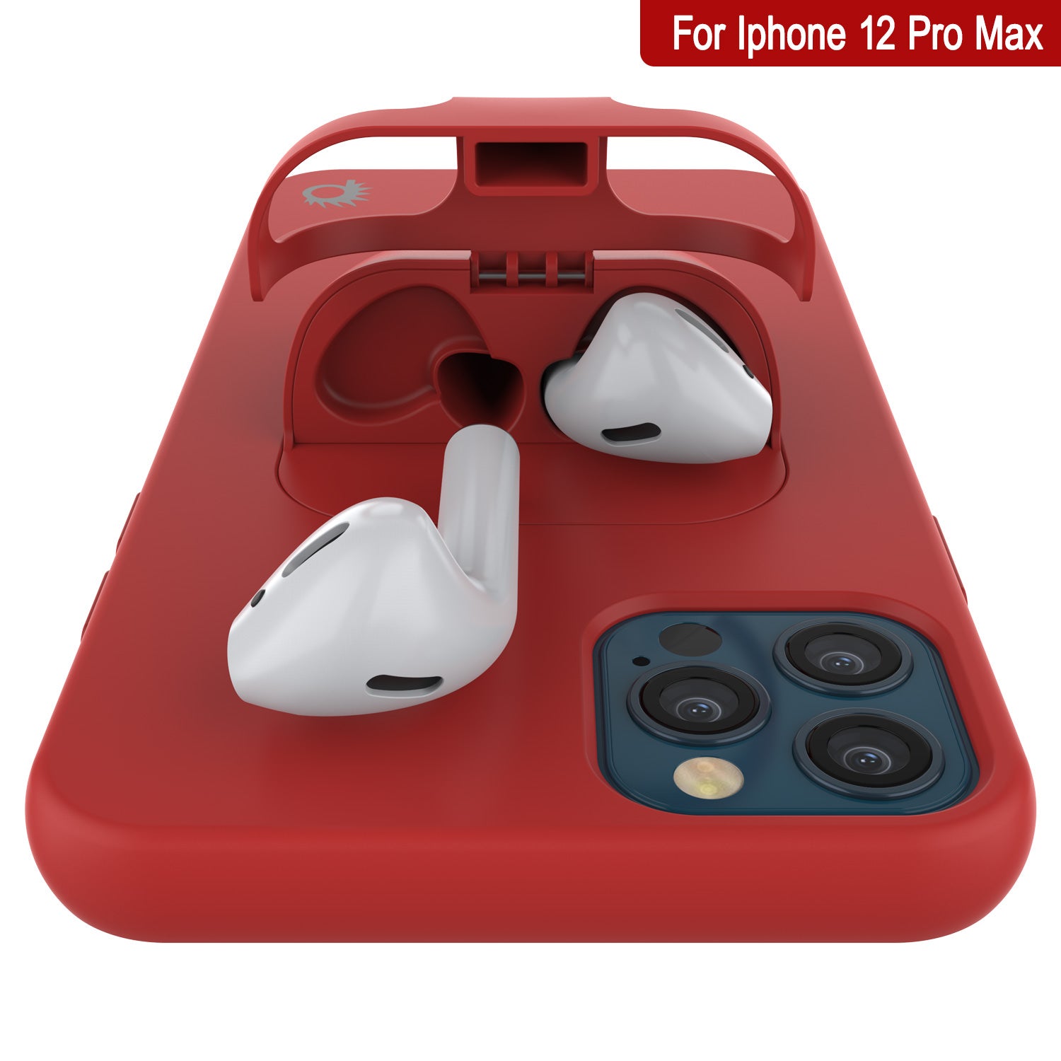 Punkcase iPhone 12 Pro Max Airpods Case Holder (CenterPods Series) | Slim & Durable 2 in 1 Cover Designed for iPhone 12 Pro Max (6.7") | Protects Your Phone & Stores Your AirPods Gen. 1 & 2 [Red]