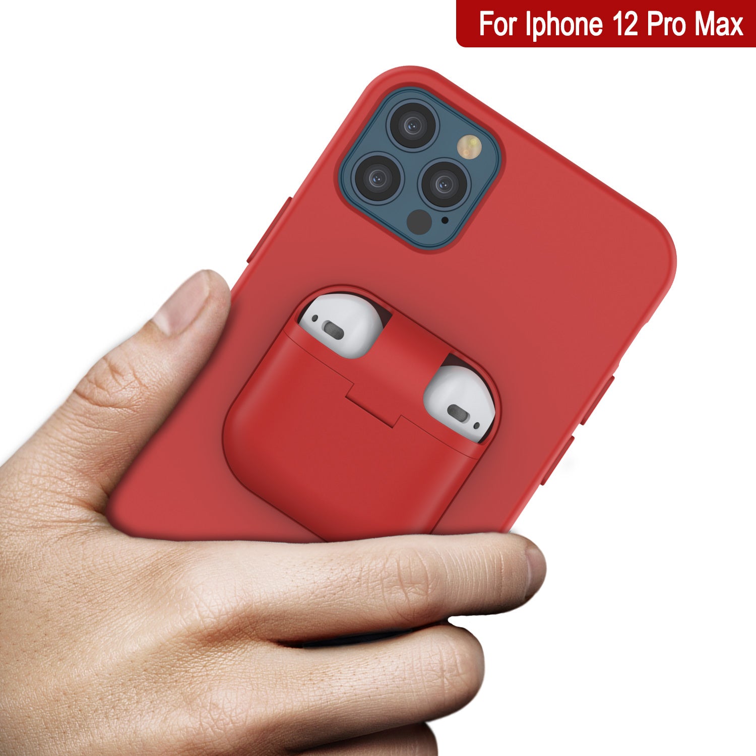 Punkcase iPhone 12 Pro Max Airpods Case Holder (CenterPods Series) | Slim & Durable 2 in 1 Cover Designed for iPhone 12 Pro Max (6.7") | Protects Your Phone & Stores Your AirPods Gen. 1 & 2 [Red]