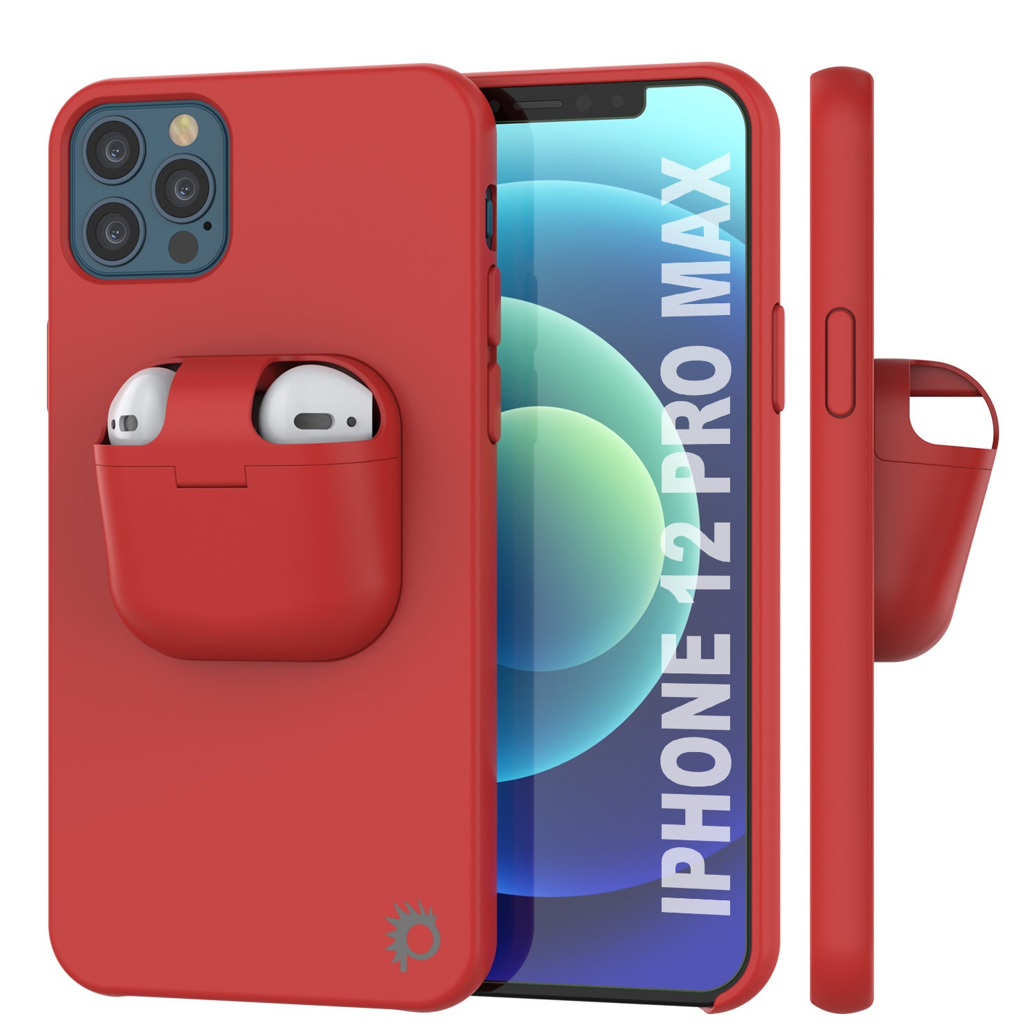 Punkcase iPhone 12 Pro Max Airpods Case Holder (CenterPods Series) | Slim & Durable 2 in 1 Cover Designed for iPhone 12 Pro Max (6.7") | Protects Your Phone & Stores Your AirPods Gen. 1 & 2 [Red]