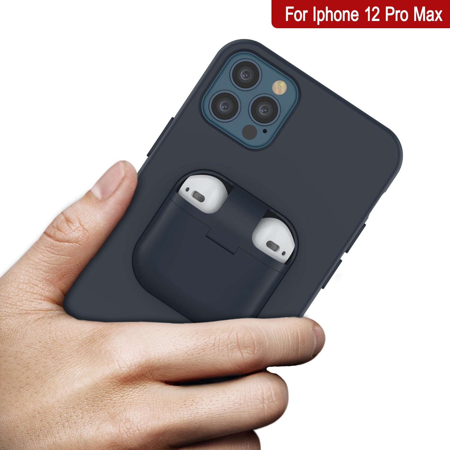 Punkcase iPhone 12 Pro Max Airpods Case Holder (CenterPods Series) | Slim & Durable 2 in 1 Cover Designed for iPhone 12 Pro Max (6.7") | Protects Your Phone & Stores Your AirPods Gen. 1 & 2 [Navy Blue]