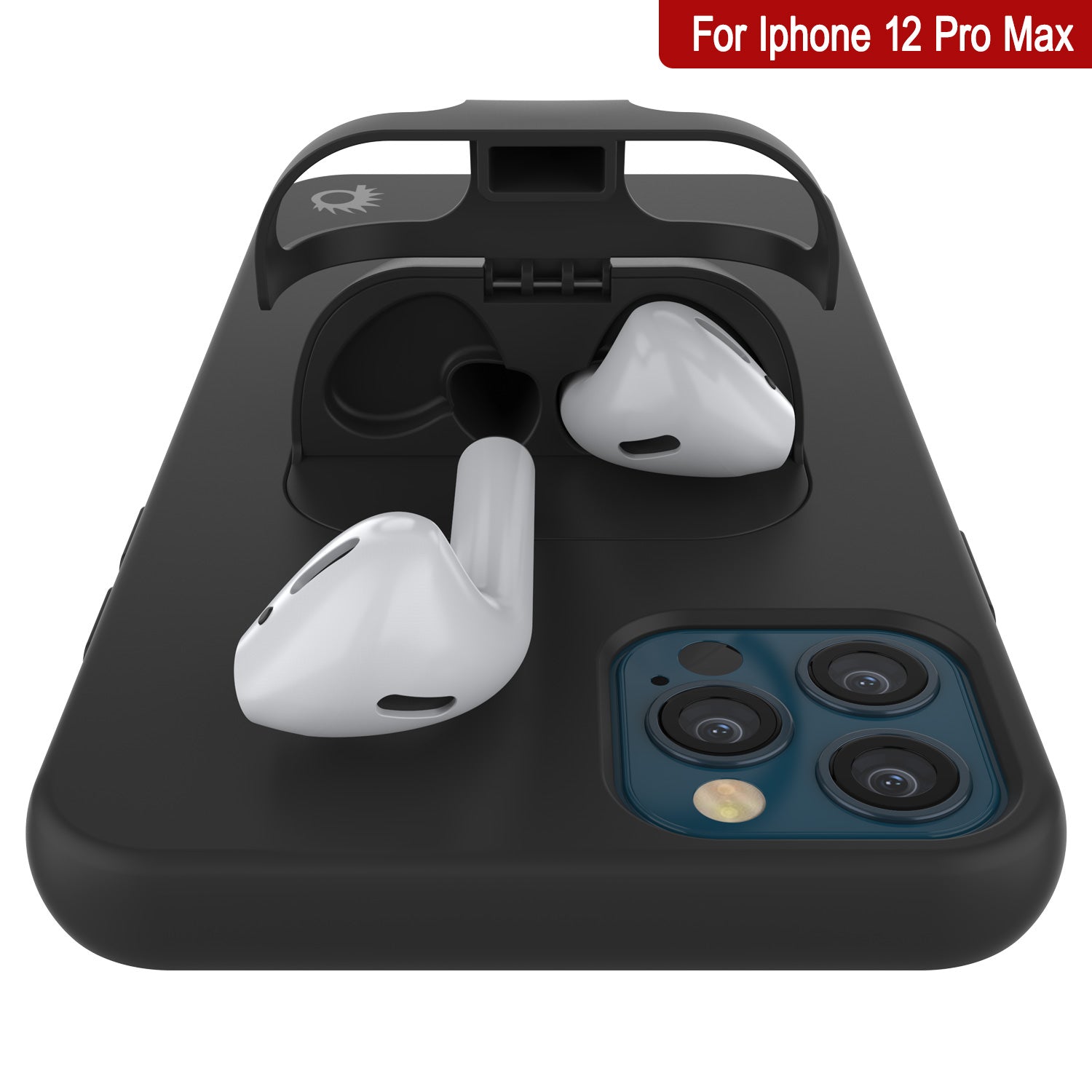 Punkcase iPhone 12 Pro Max Airpods Case Holder (CenterPods Series) | Slim & Durable 2 in 1 Cover Designed for iPhone 12 Pro Max (6.7") | Protects Your Phone & Stores Your AirPods Gen. 1 & 2 [Black]