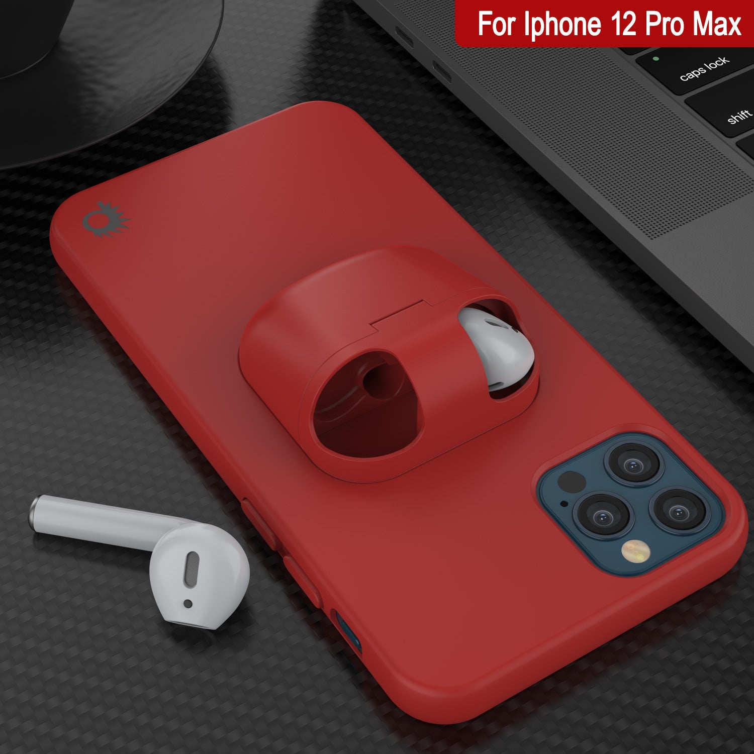 Punkcase iPhone 12 Pro Max Airpods Case Holder (CenterPods Series) | Slim & Durable 2 in 1 Cover Designed for iPhone 12 Pro Max (6.7") | Protects Your Phone & Stores Your AirPods Gen. 1 & 2 [Red]