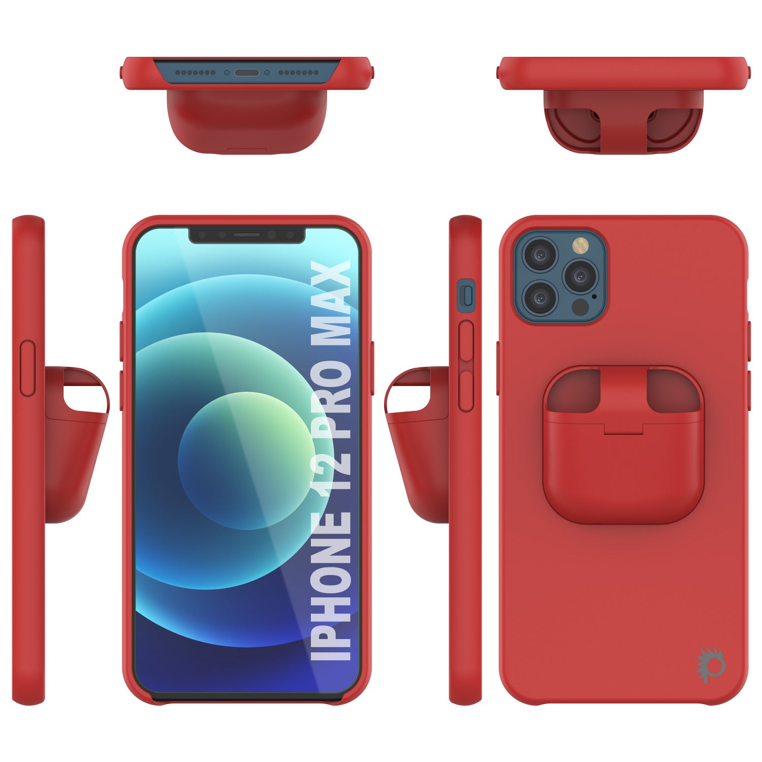 Punkcase iPhone 12 Pro Max Airpods Case Holder (CenterPods Series) | Slim & Durable 2 in 1 Cover Designed for iPhone 12 Pro Max (6.7") | Protects Your Phone & Stores Your AirPods Gen. 1 & 2 [Red]
