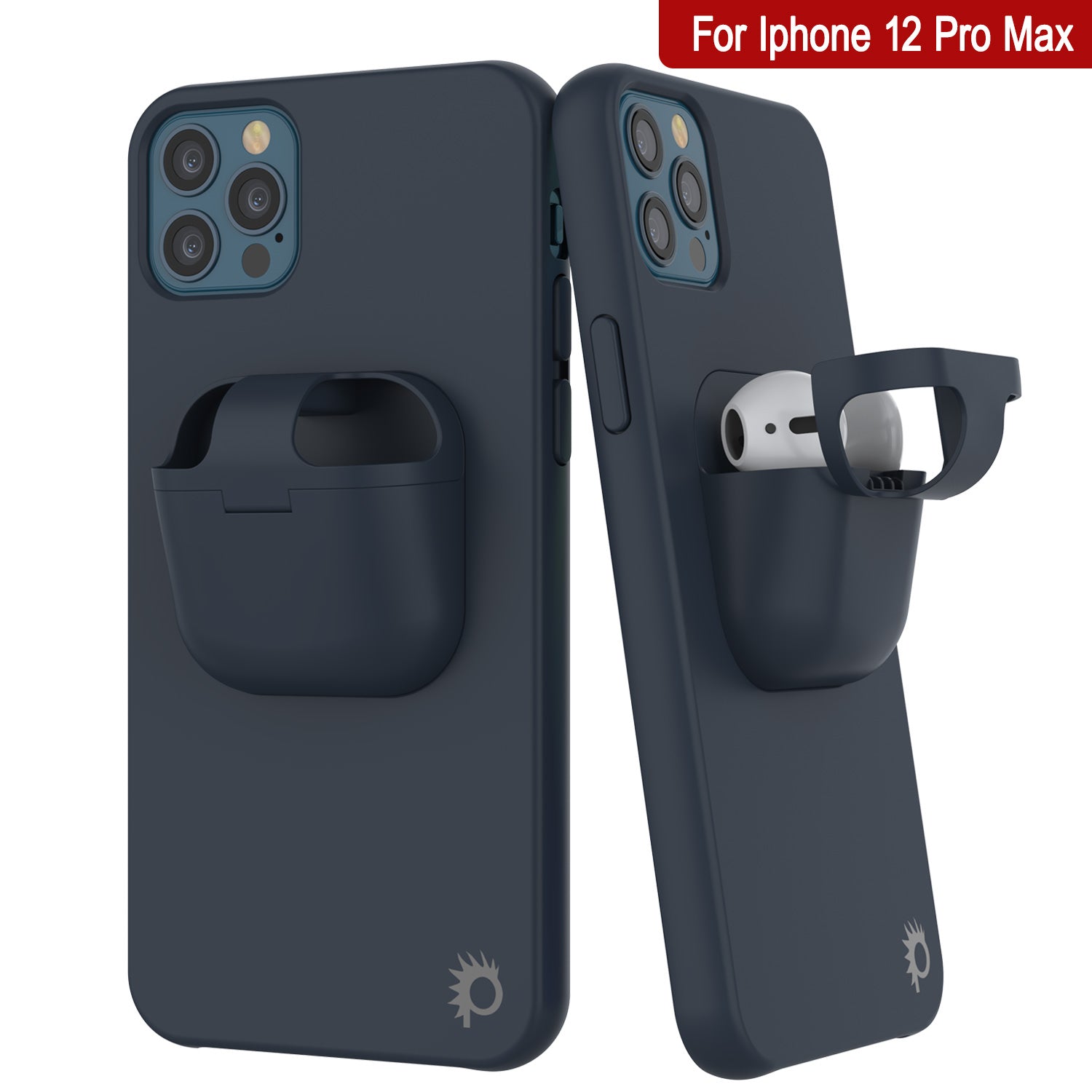 Punkcase iPhone 12 Pro Max Airpods Case Holder (CenterPods Series) | Slim & Durable 2 in 1 Cover Designed for iPhone 12 Pro Max (6.7") | Protects Your Phone & Stores Your AirPods Gen. 1 & 2 [Navy Blue]