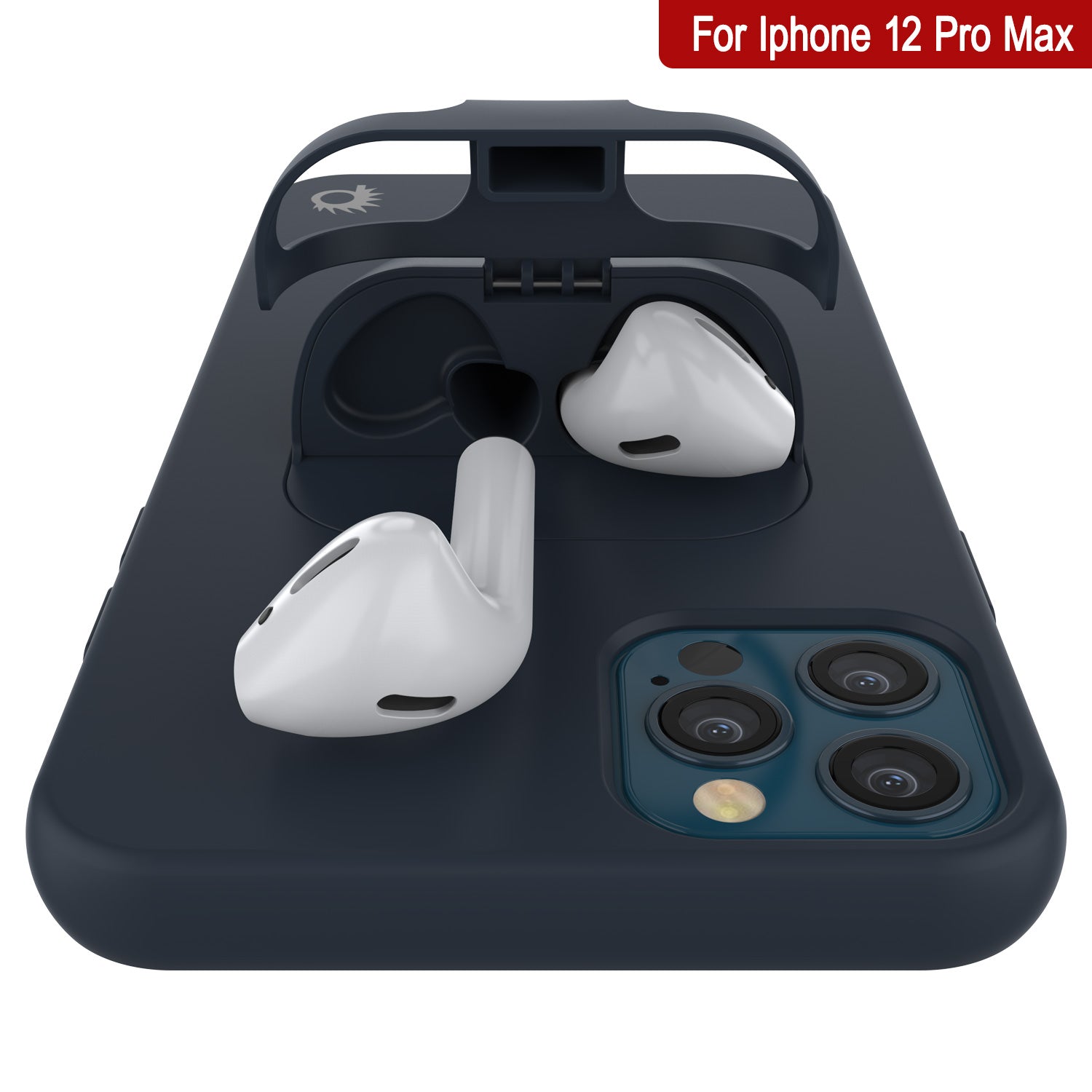 Punkcase iPhone 12 Pro Max Airpods Case Holder (CenterPods Series) | Slim & Durable 2 in 1 Cover Designed for iPhone 12 Pro Max (6.7") | Protects Your Phone & Stores Your AirPods Gen. 1 & 2 [Navy Blue]