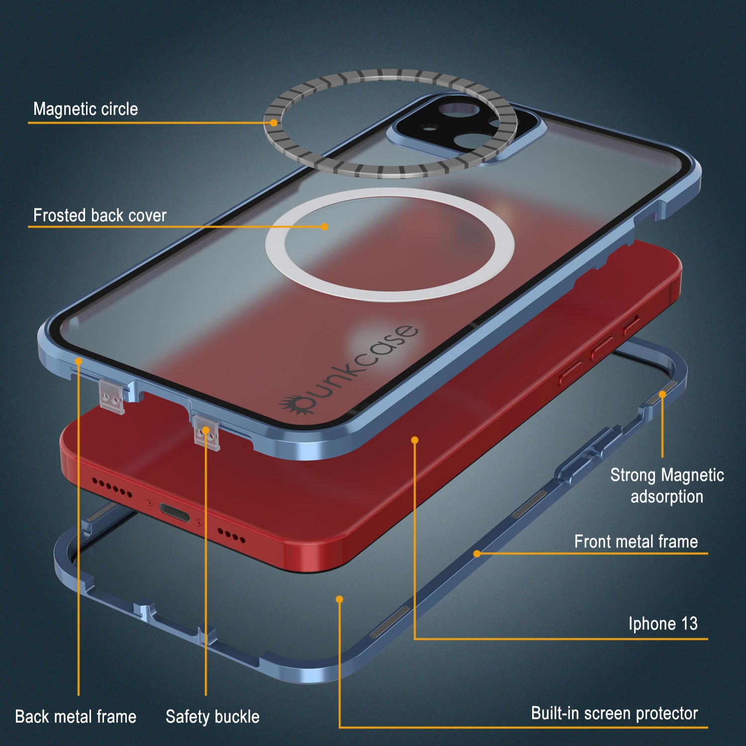 Punkcase iPhone 13 Case [GlassMag Series] Cover W/ Built-In MagSafe Charging Circle [Blue]