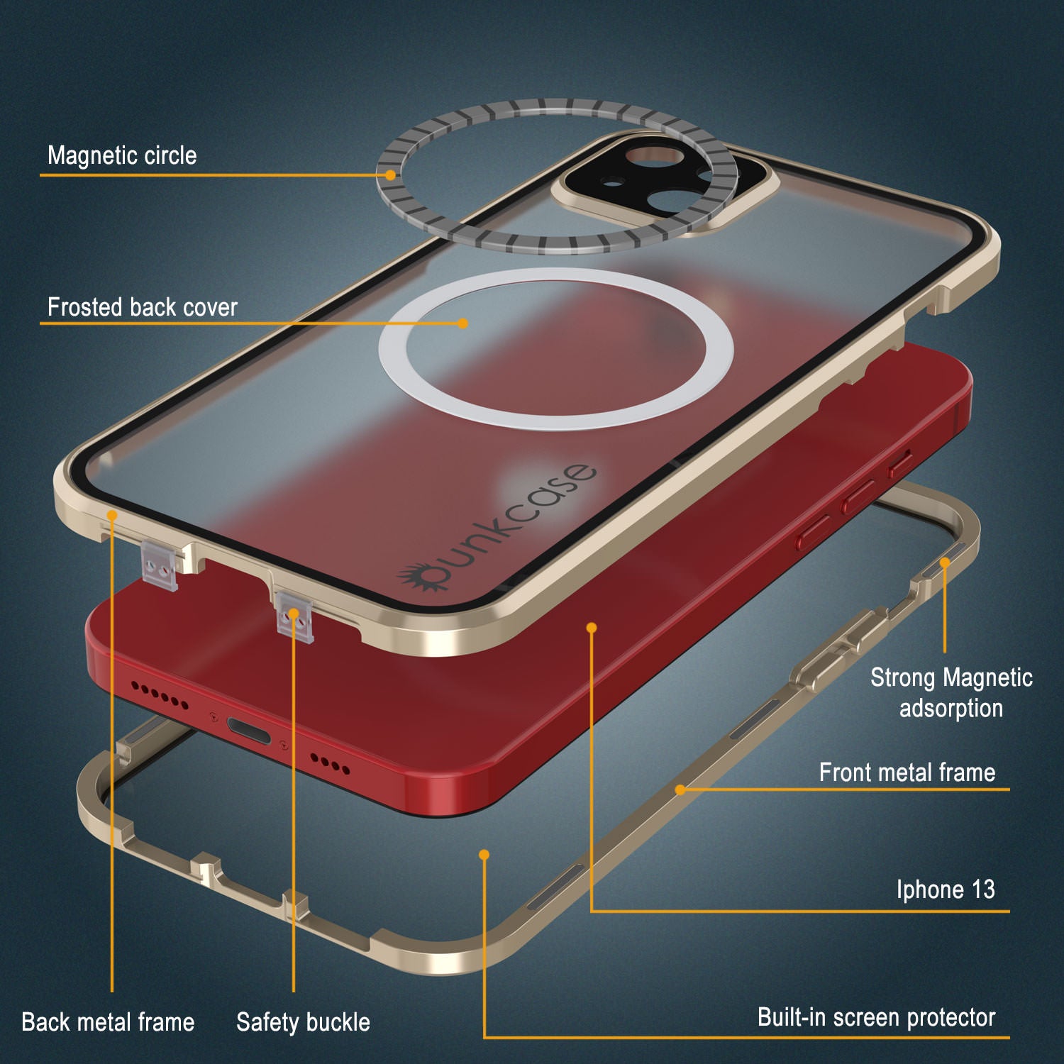 Punkcase iPhone 13 Case [GlassMag Series] Cover W/ Built-In MagSafe Charging Circle [Gold]