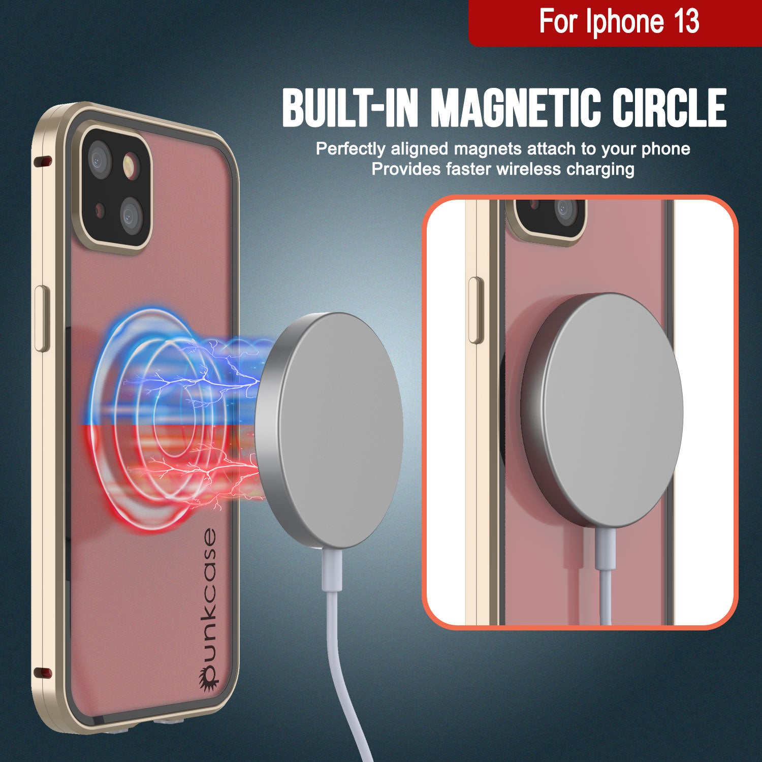 Punkcase iPhone 13 Case [GlassMag Series] Cover W/ Built-In MagSafe Charging Circle [Gold]