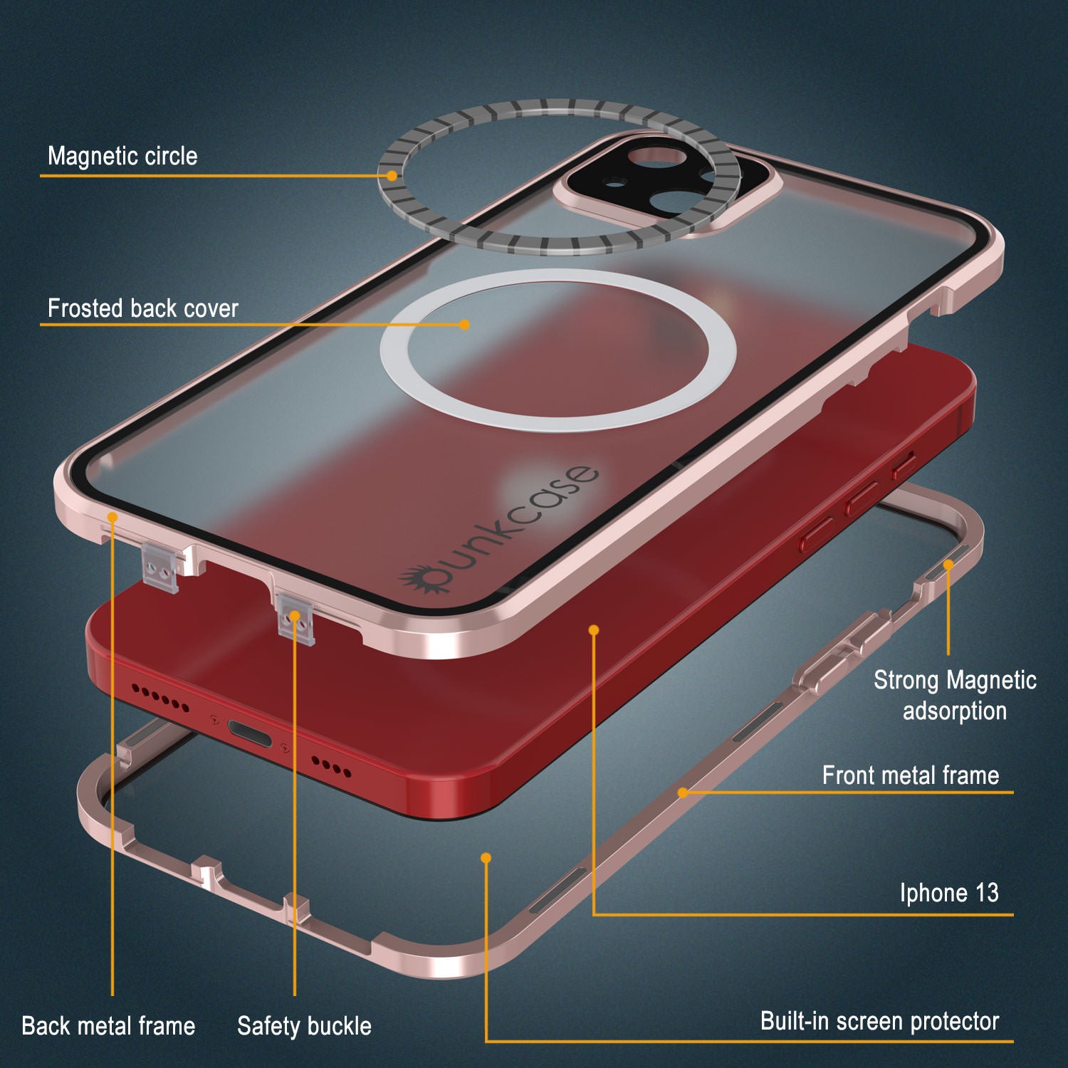 Punkcase iPhone 13 Case [GlassMag Series] Cover W/ Built-In MagSafe Charging Circle [Rose Gold]