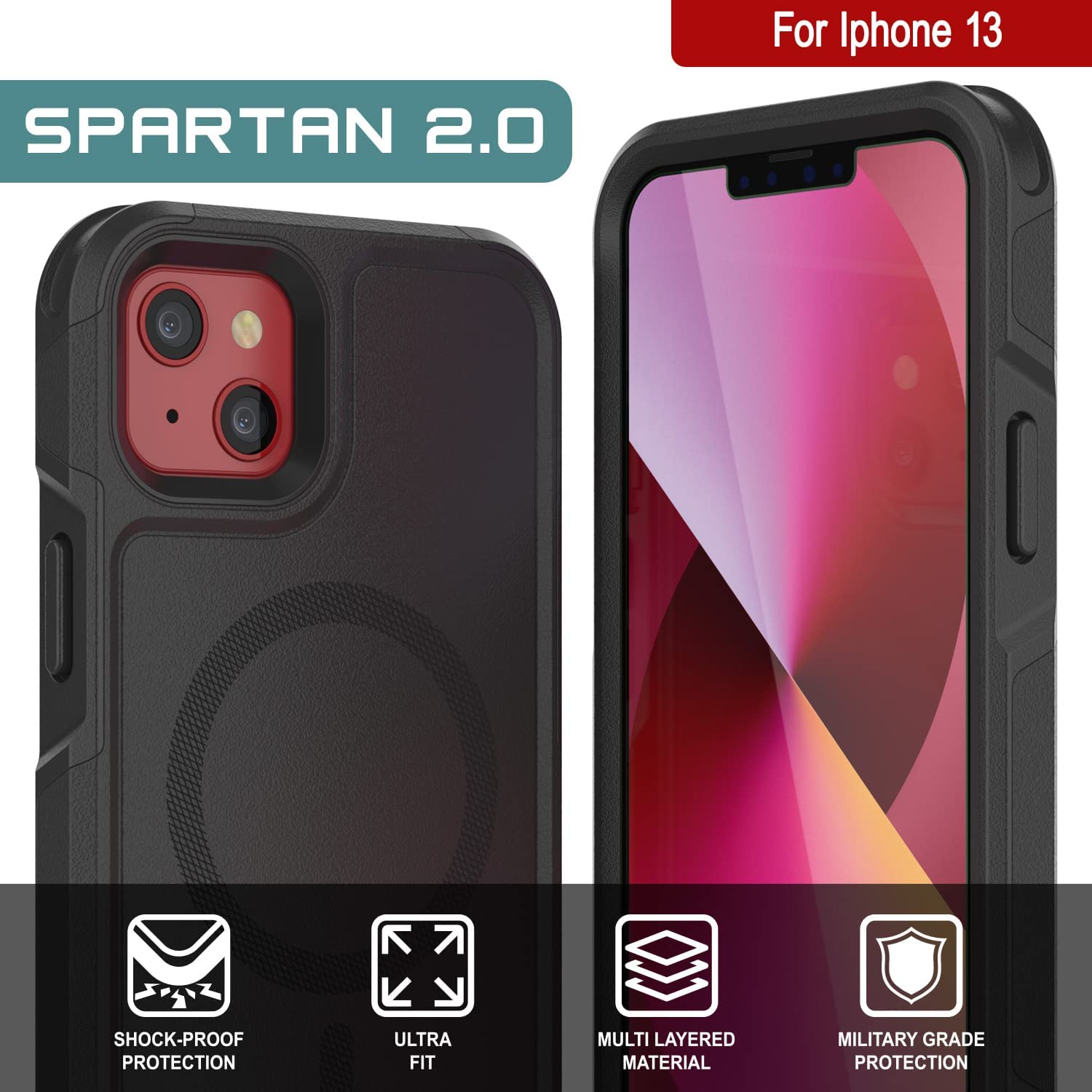 PunkCase iPhone 13 Case, [Spartan 2.0 Series] Clear Rugged Heavy Duty Cover W/Built in Screen Protector [Black]