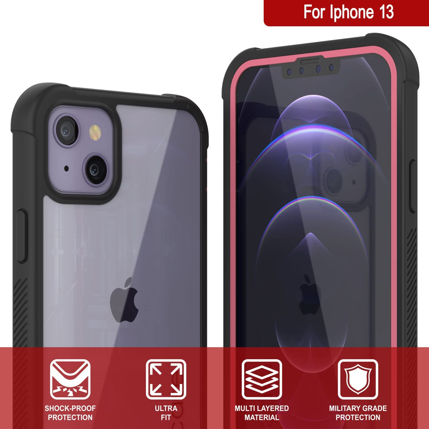 PunkCase iPhone 13 Case, [Spartan Series] Clear Rugged Heavy Duty Cover W/Built in Screen Protector [Pink]