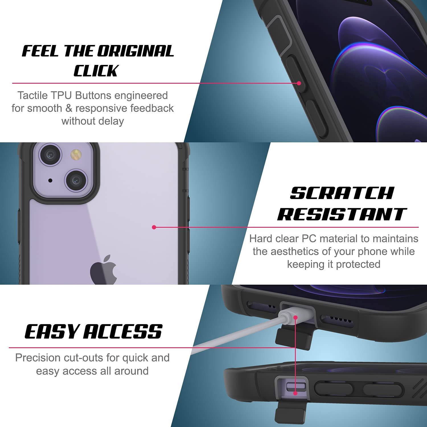 PunkCase iPhone 13 Case, [Spartan Series] Clear Rugged Heavy Duty Cover W/Built in Screen Protector [Purple]