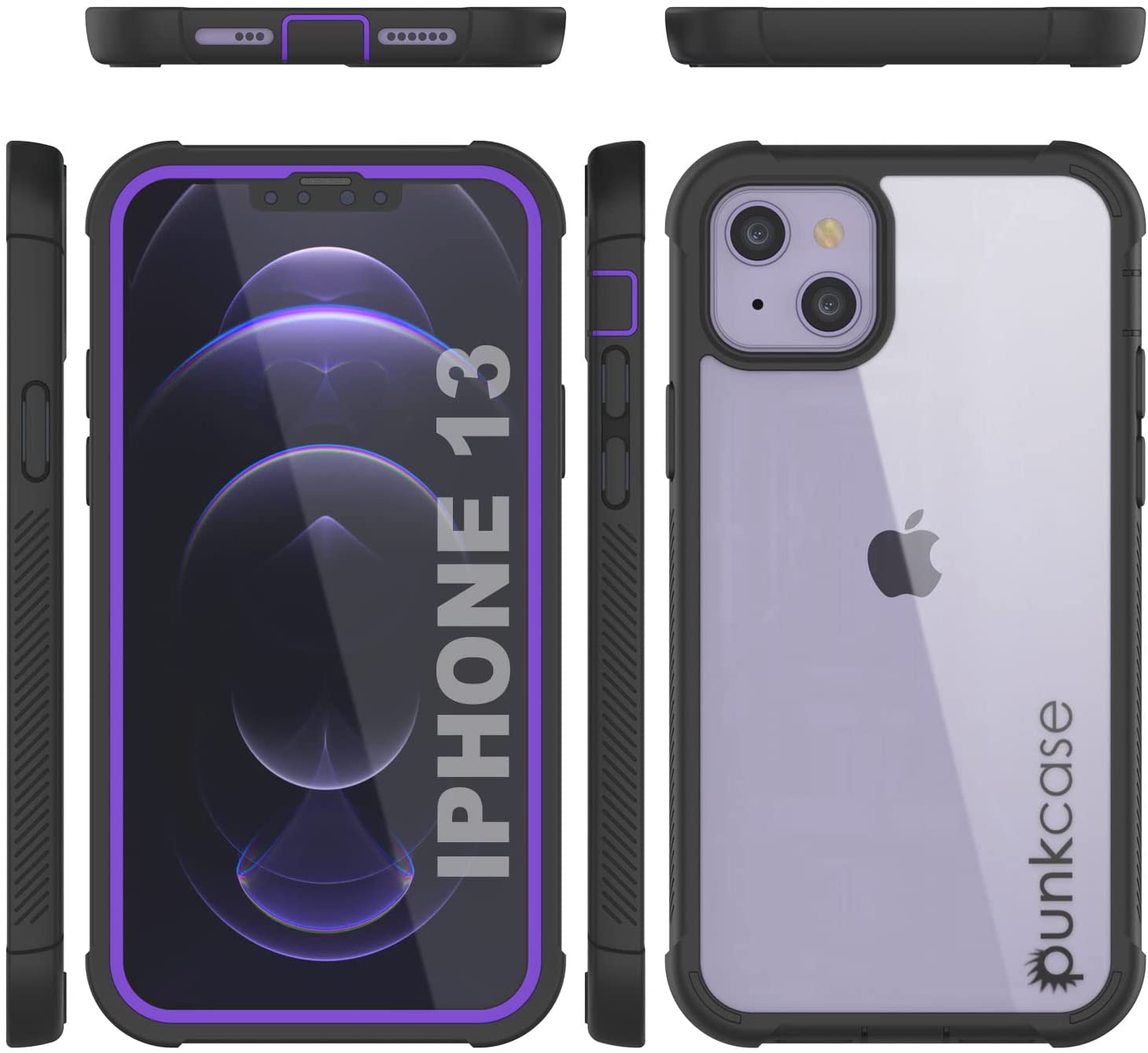 PunkCase iPhone 13 Case, [Spartan Series] Clear Rugged Heavy Duty Cover W/Built in Screen Protector [Purple]