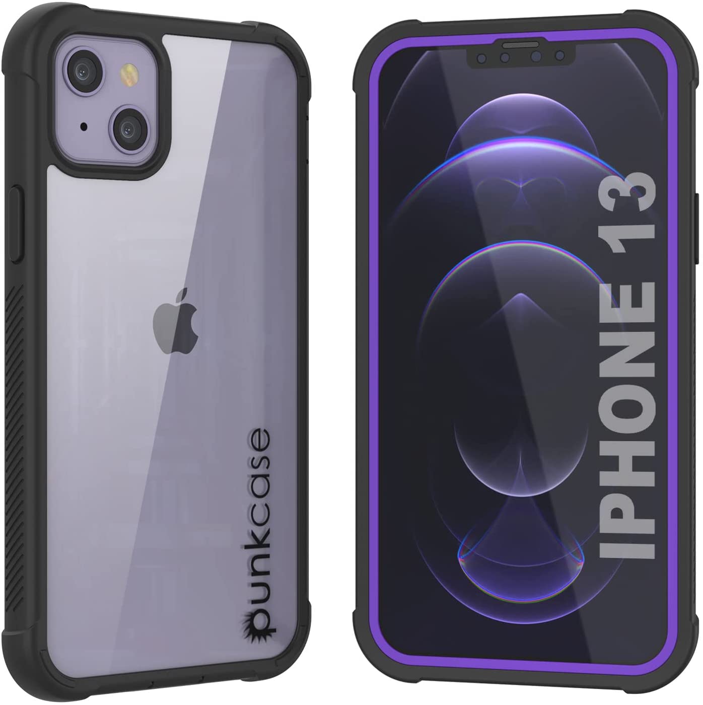 PunkCase iPhone 13 Case, [Spartan Series] Clear Rugged Heavy Duty Cover W/Built in Screen Protector [Purple]