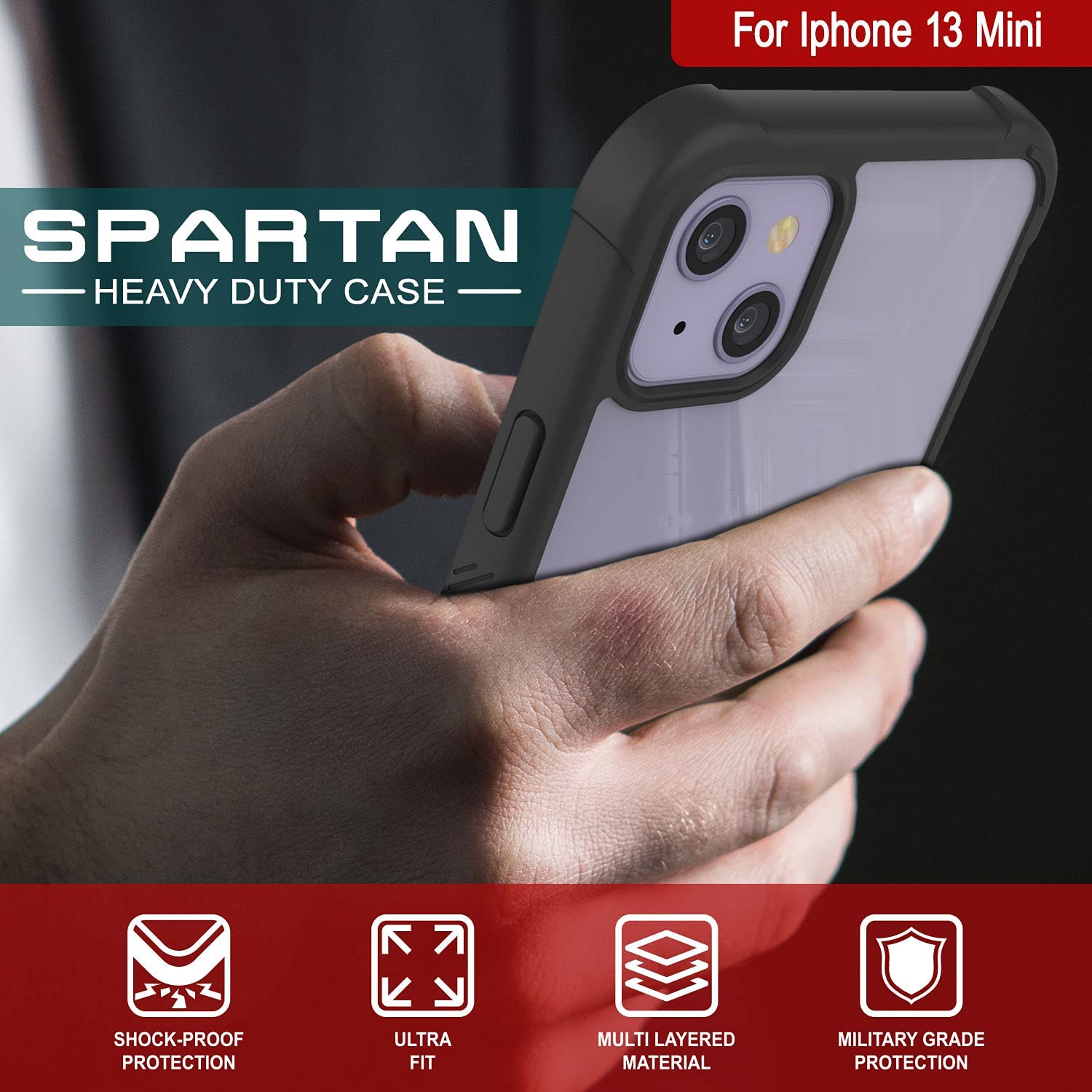 PunkCase iPhone 13 Mini Case, [Spartan Series] Clear Rugged Heavy Duty Cover W/Built in Screen Protector [Black]