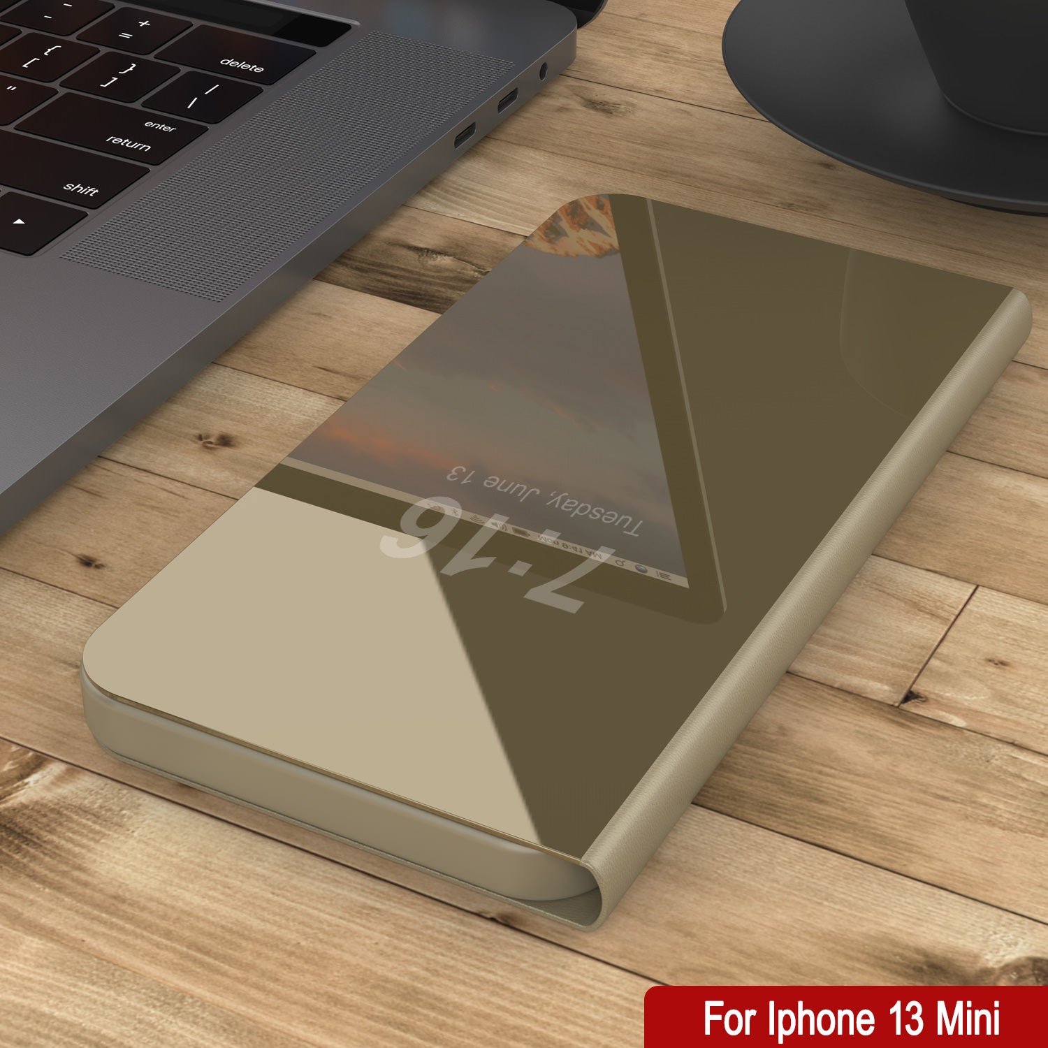 Punkcase iPhone 13 Mini Reflector Case Protective Flip Cover [Gold]