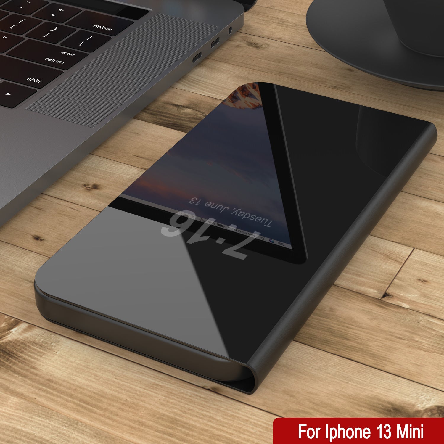 Punkcase iPhone 13 Mini Reflector Case Protective Flip Cover [Black]