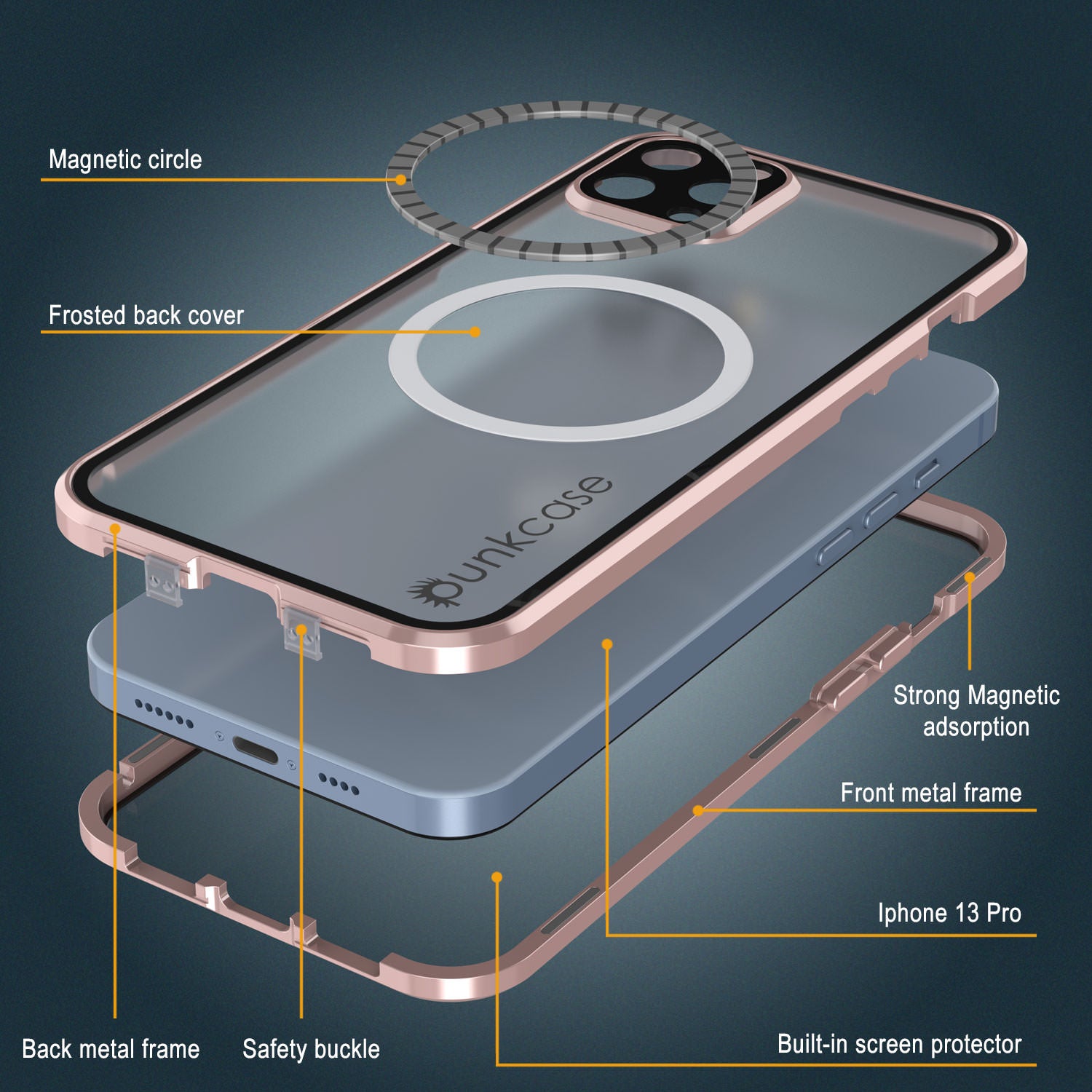 Punkcase iPhone 13 Pro Case [GlassMag Series] Cover W/ Built-In MagSafe Charging Circle [Rose Gold]