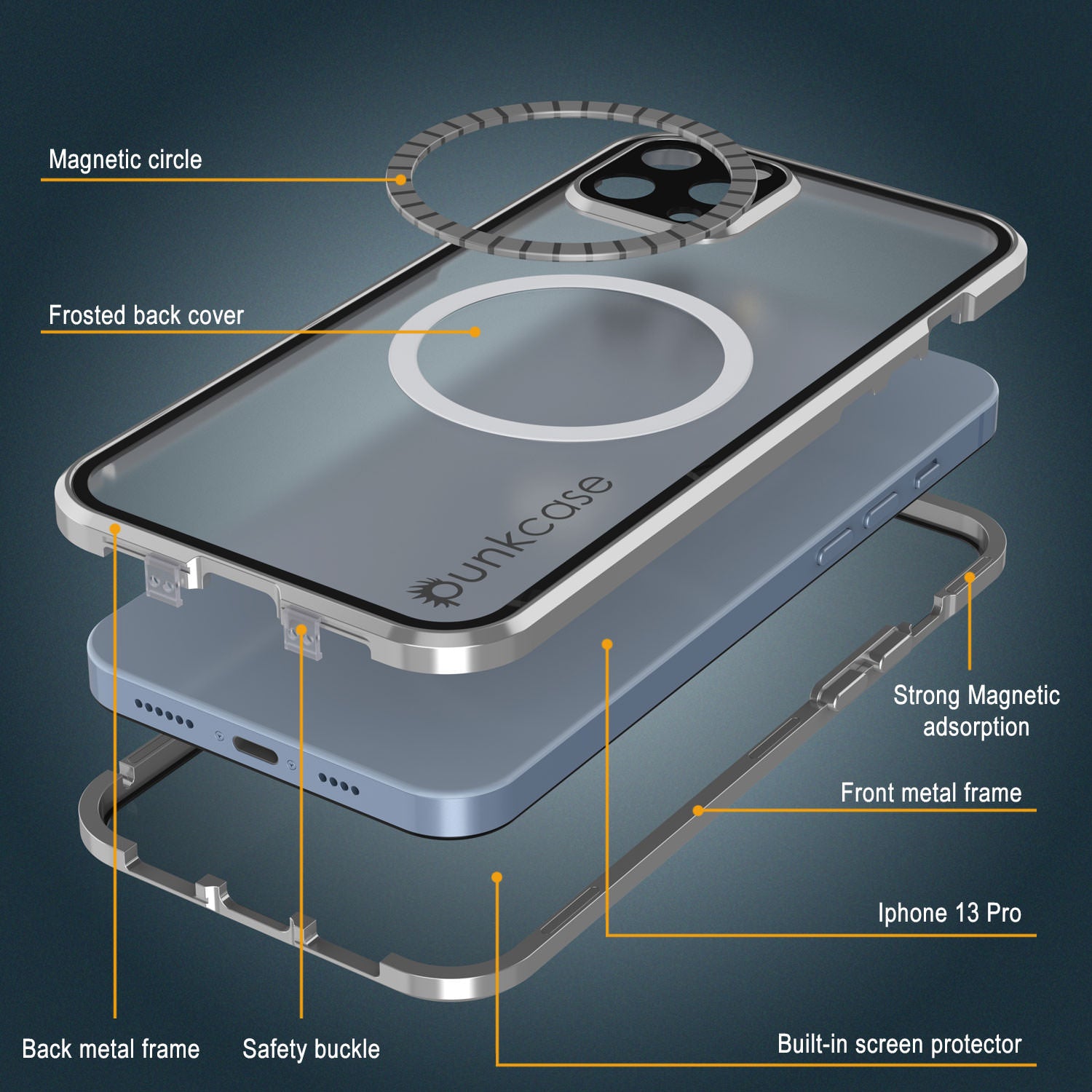 Punkcase iPhone 13 Pro Case [GlassMag Series] Cover W/ Built-In MagSafe Charging Circle [Silver]