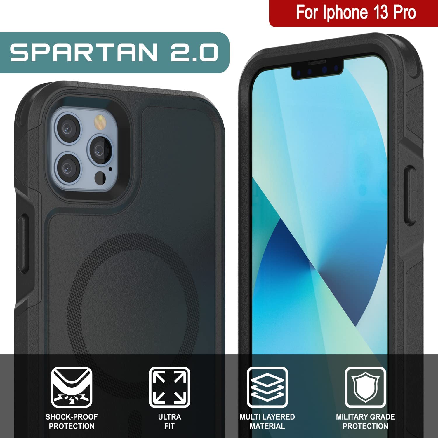 PunkCase iPhone 13 Pro Case, [Spartan 2.0 Series] Clear Rugged Heavy Duty Cover W/Built in Screen Protector [Black]